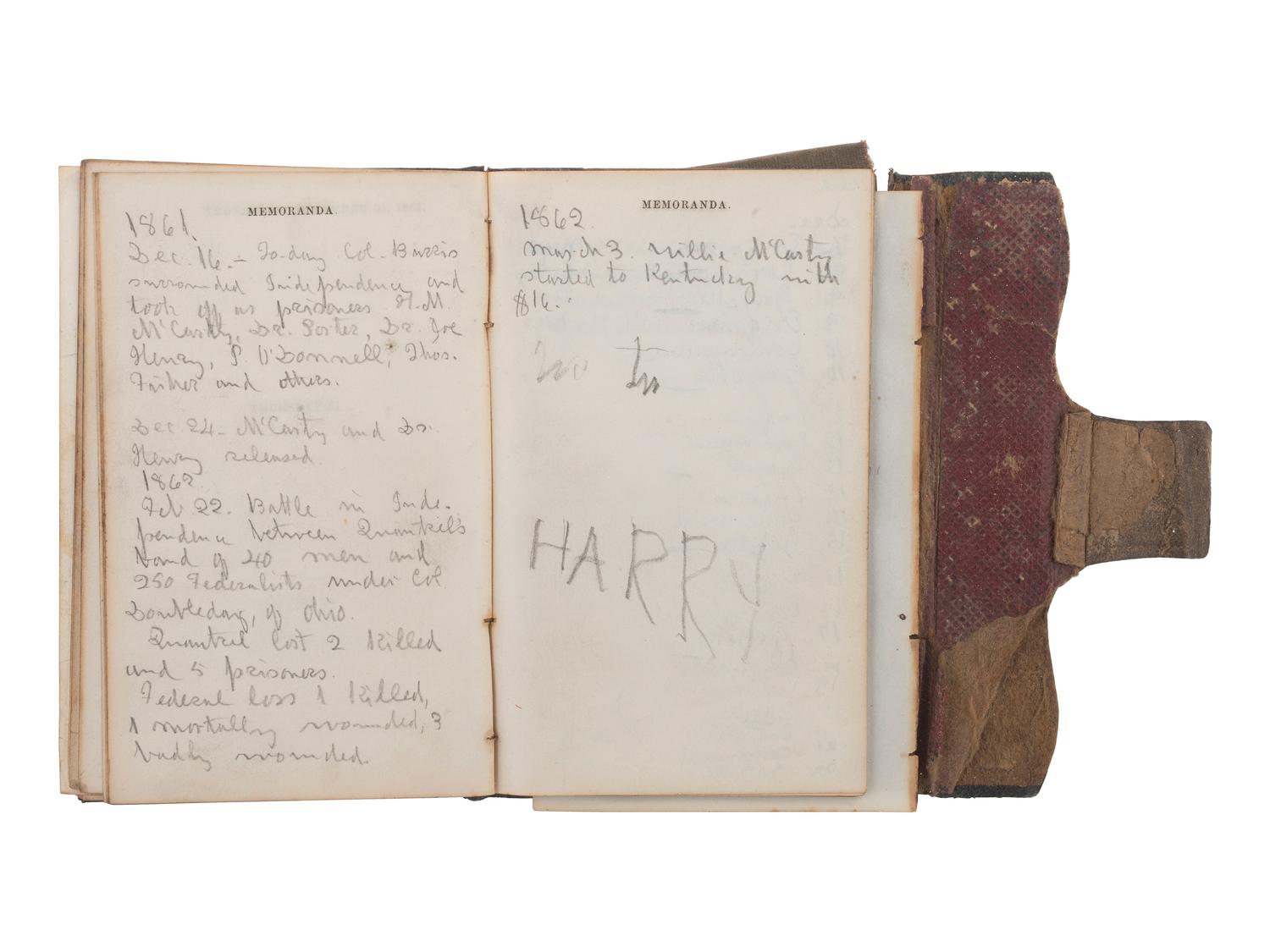 [CIVIL WAR] -- [QUANTRILL'S RAIDERS]. Diary of H.M. McCarty, editor of the Border Star at Westport, Missouri, with entries referencing 1863 clashes between Union soldiers and southern sympathizers, guerilla activity, and Quantrill's Raiders.
