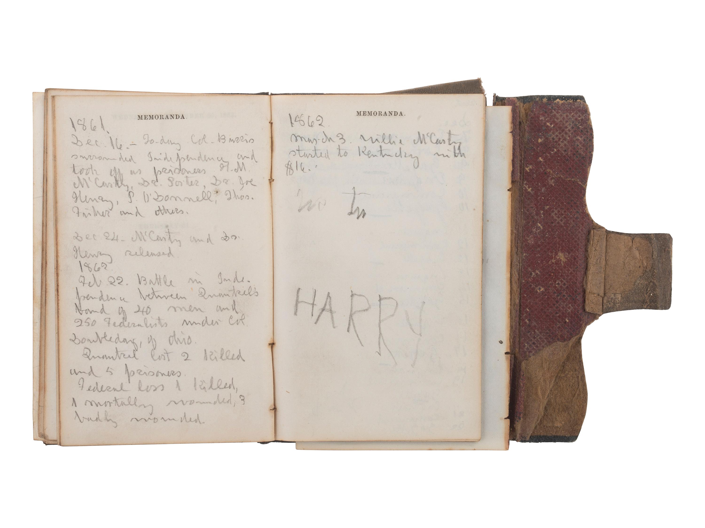 [CIVIL WAR] -- [QUANTRILL'S RAIDERS]. Diary of H.M. McCarty, editor of the Border Star at Westport, Missouri, with entries referencing 1863 clashes between Union soldiers and southern sympathizers, guerilla activity, and Quantrill's Raiders.