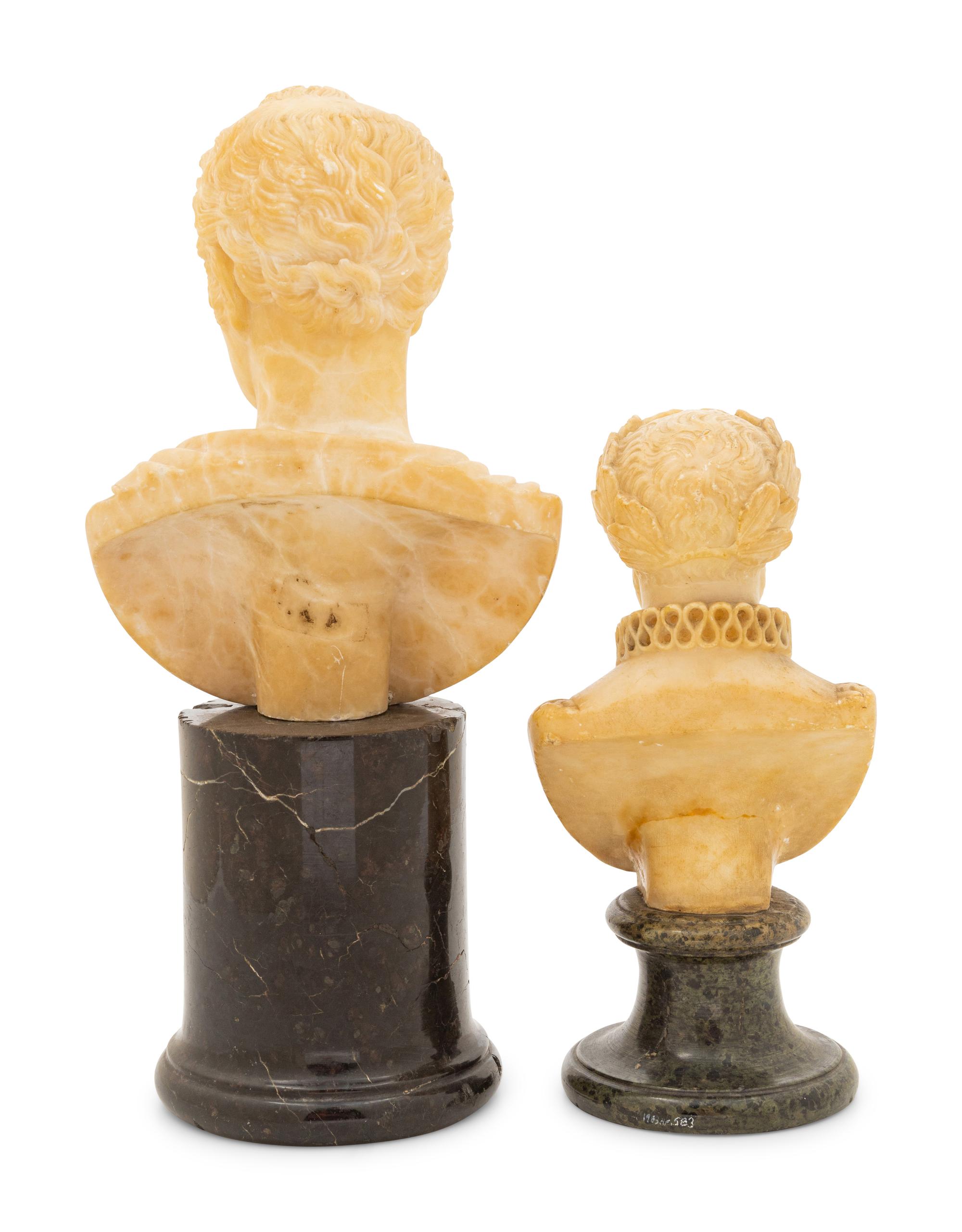 Two Small Alabaster Busts on Marble Socles