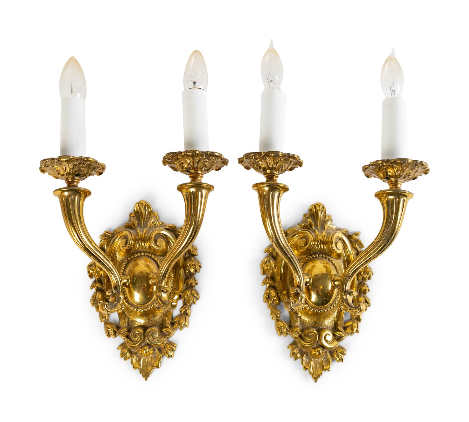 A Pair of Victorian Gilt Metal Two Light Wall Sconces — 20TH CENTURY