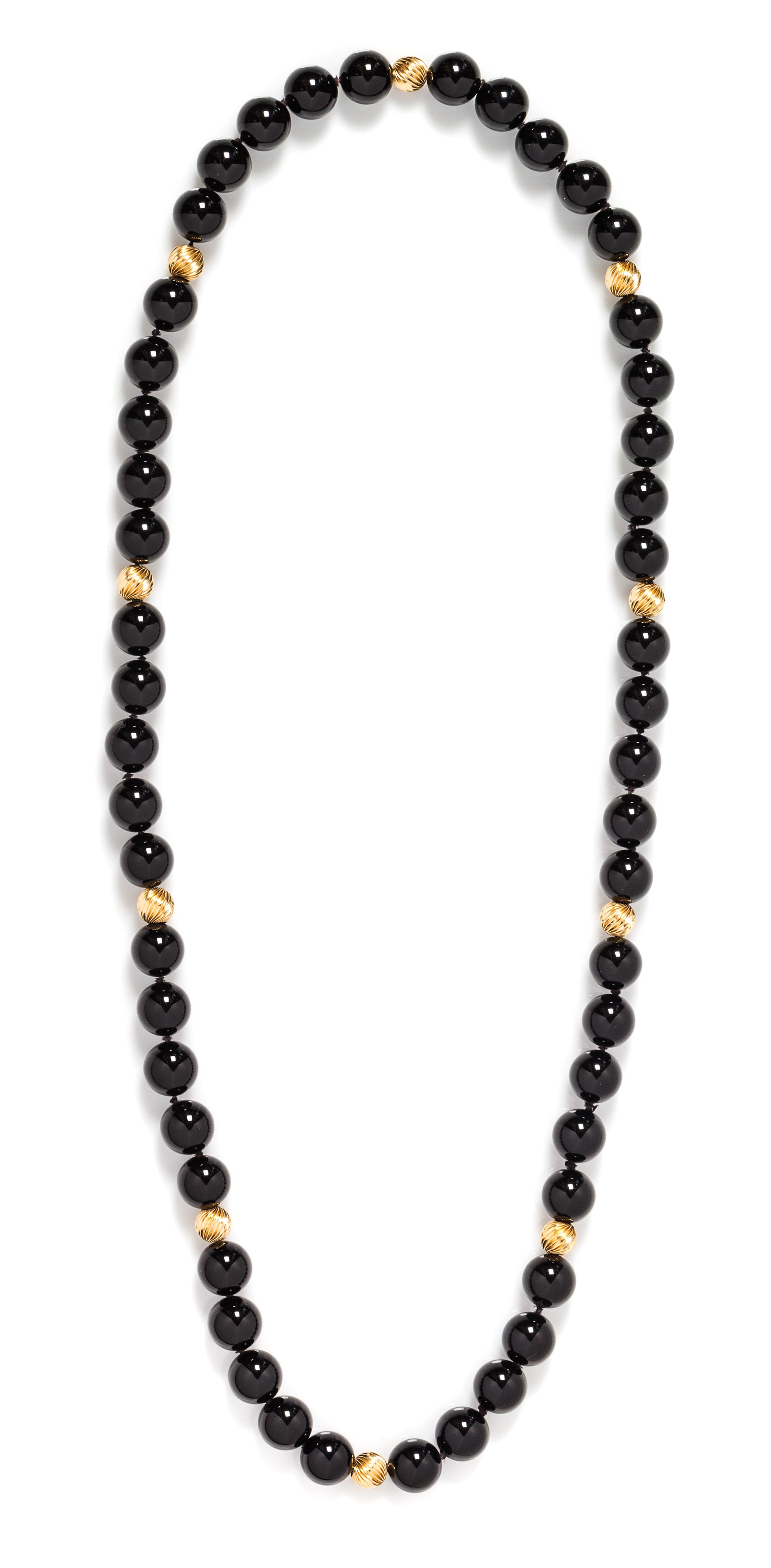 A Yellow Gold and Onyx Bead Necklace,
