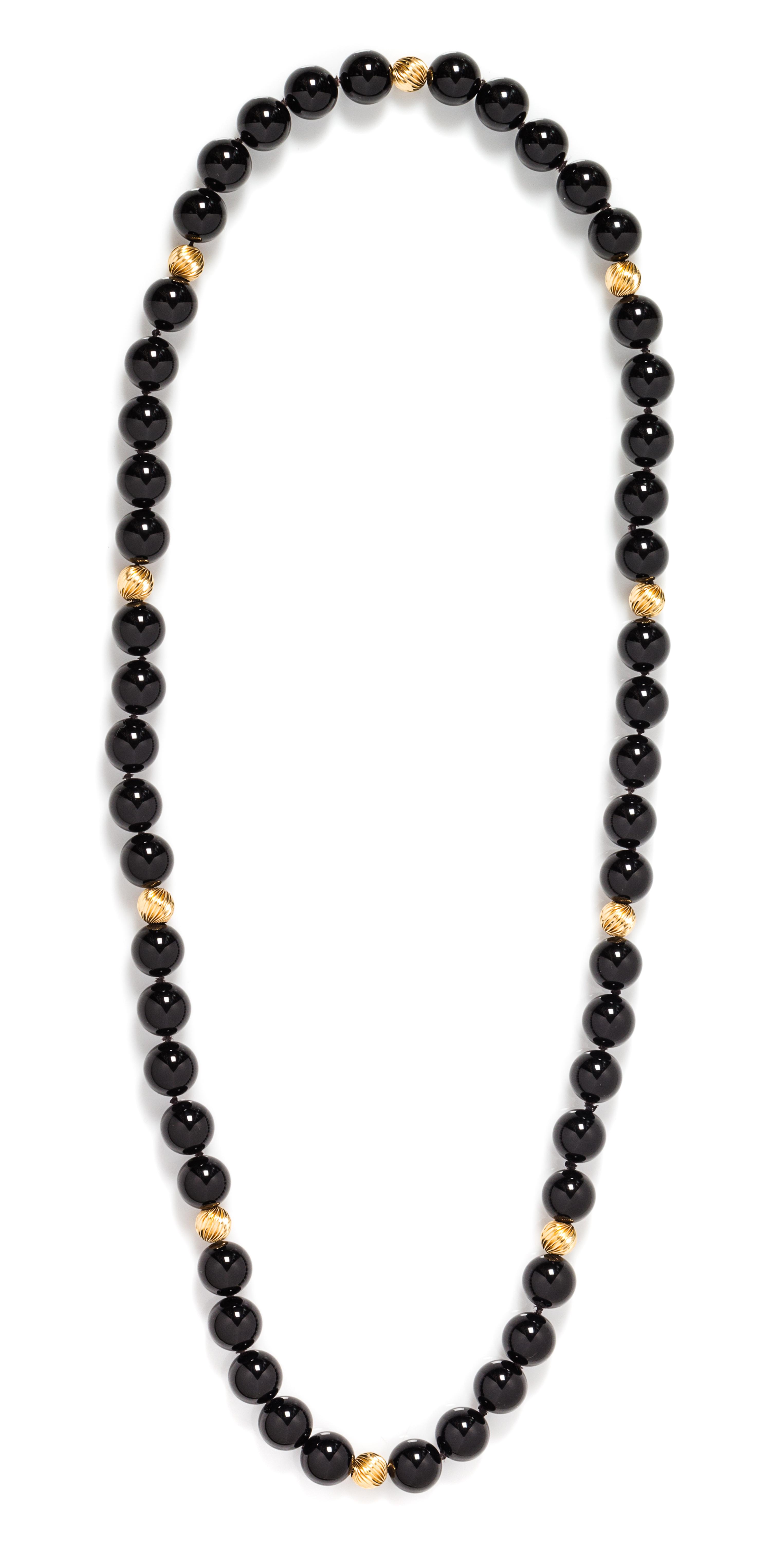 A Yellow Gold and Onyx Bead Necklace,
