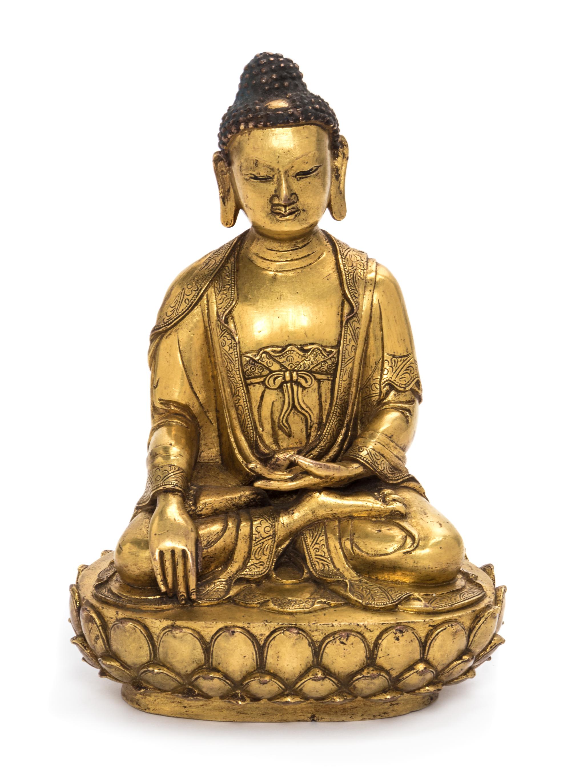 A Sino-Tibetan Gilt Bronze Figure of Shakyamuni Buddha Height 6 1/2 inches. — 18TH CENTURY