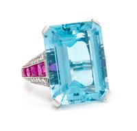 A Platinum, Aquamarine, Ruby and Diamond Ring, British, 9.70 dwts.