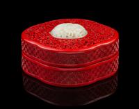 A Chinese Jade Mounted Cinnabar Lacquer Box and Cover JADE MING DYNASTY, LATER BOX Width 5 inches. — JADE MING DYNASTY, LATER BOX
