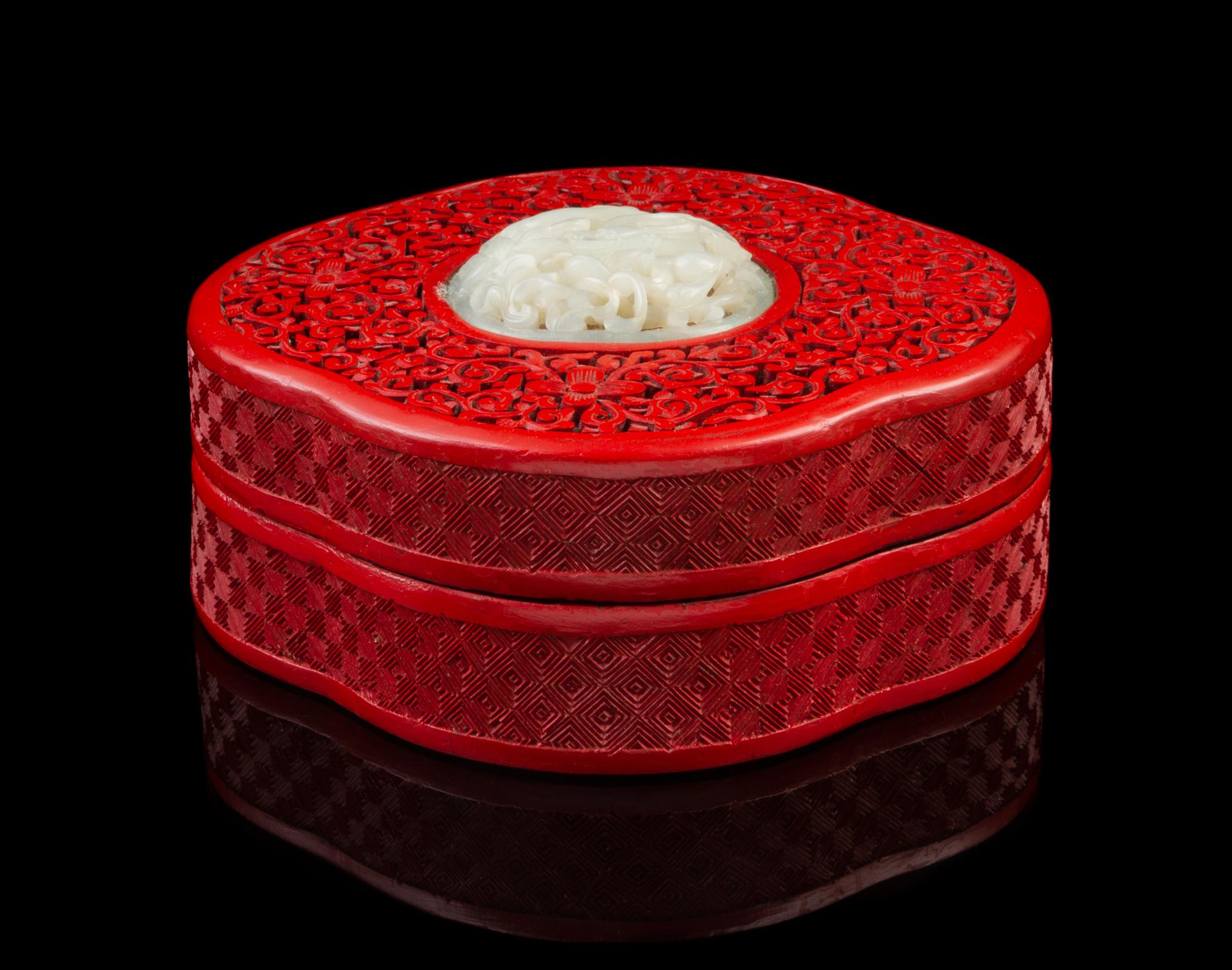 A Chinese Jade Mounted Cinnabar Lacquer Box and Cover JADE MING DYNASTY, LATER BOX Width 5 inches. — JADE MING DYNASTY, LATER BOX