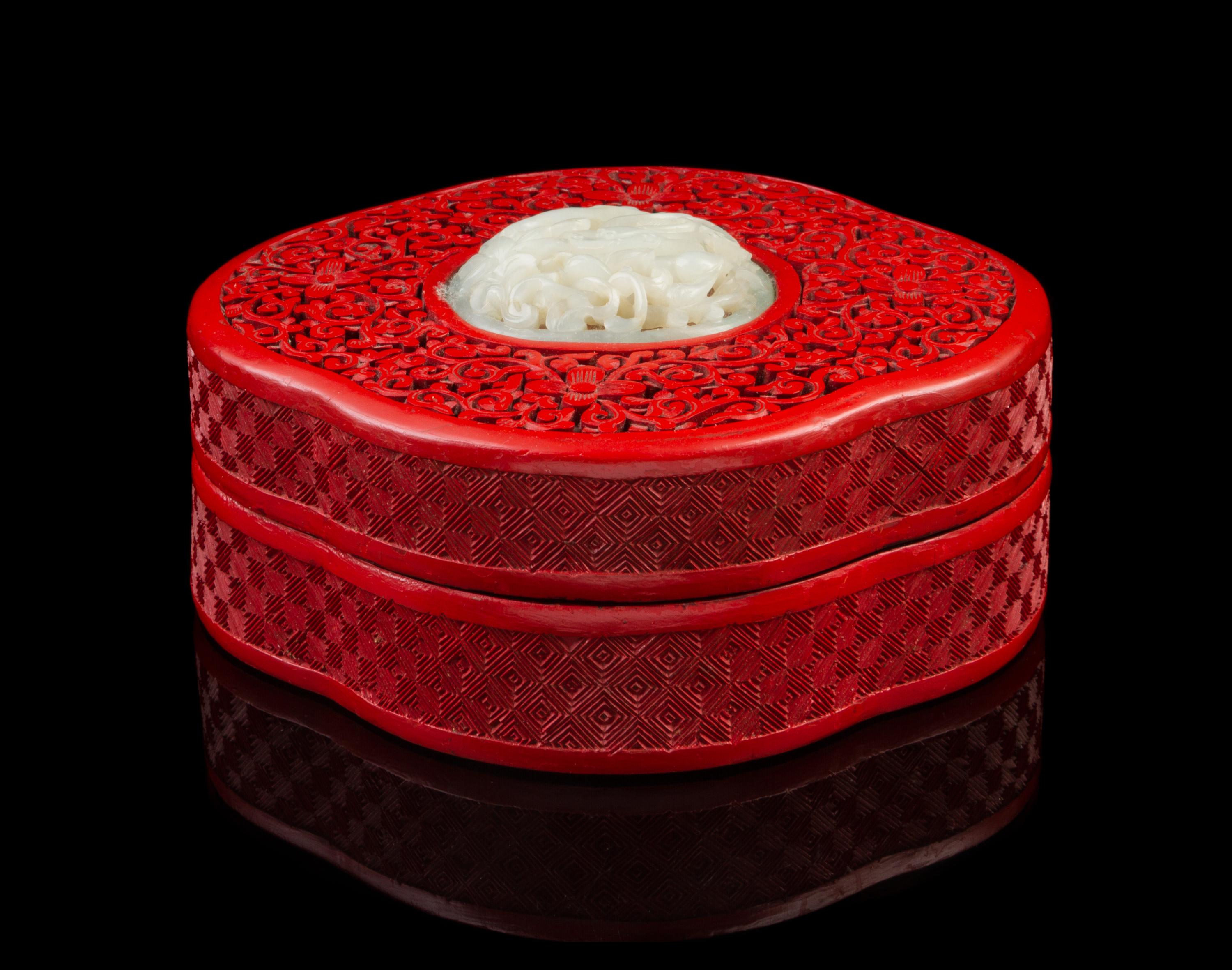 A Chinese Jade Mounted Cinnabar Lacquer Box and Cover JADE MING DYNASTY, LATER BOX Width 5 inches. — JADE MING DYNASTY, LATER BOX