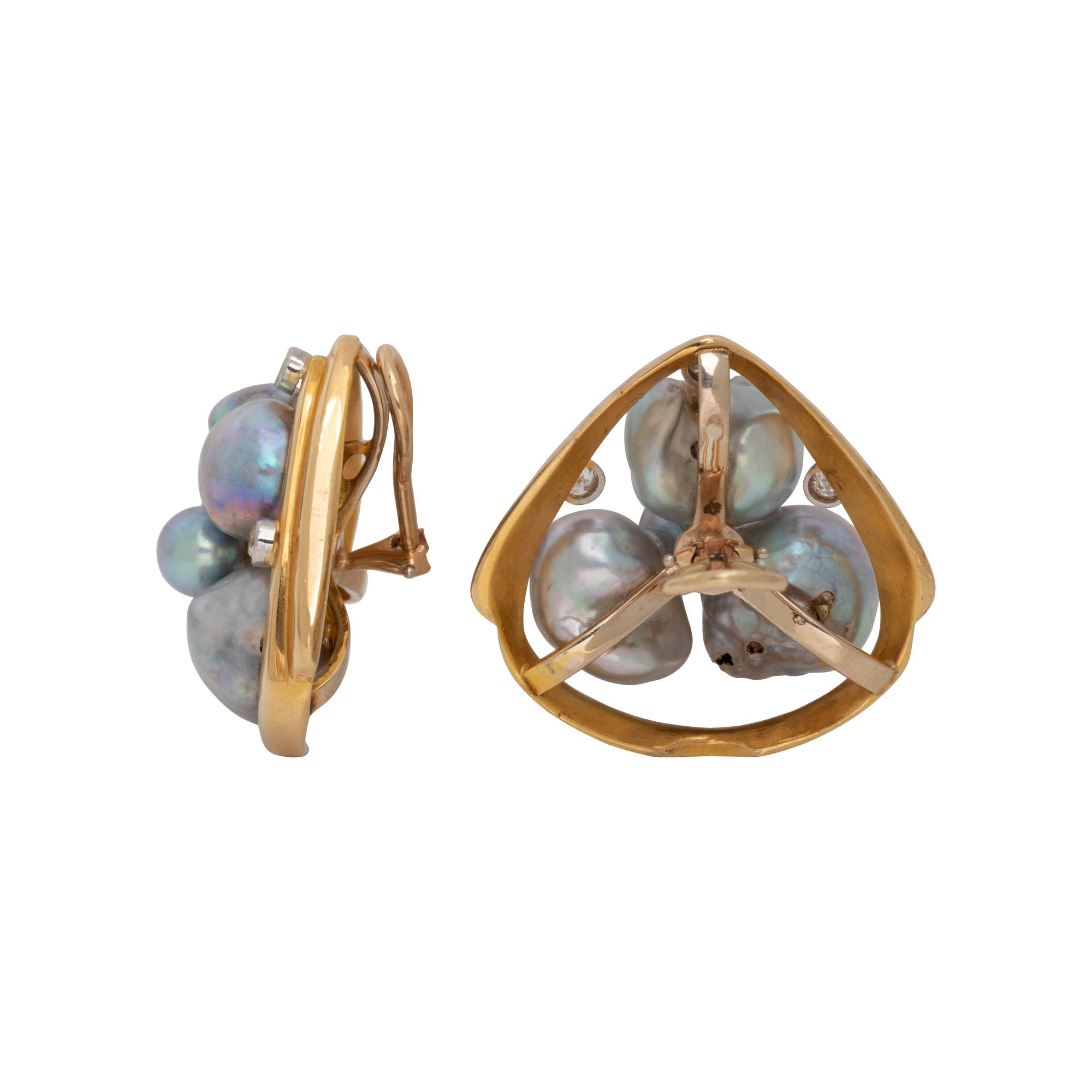 CULTURED BAROQUE PEARL AND DIAMOND EARCLIPS