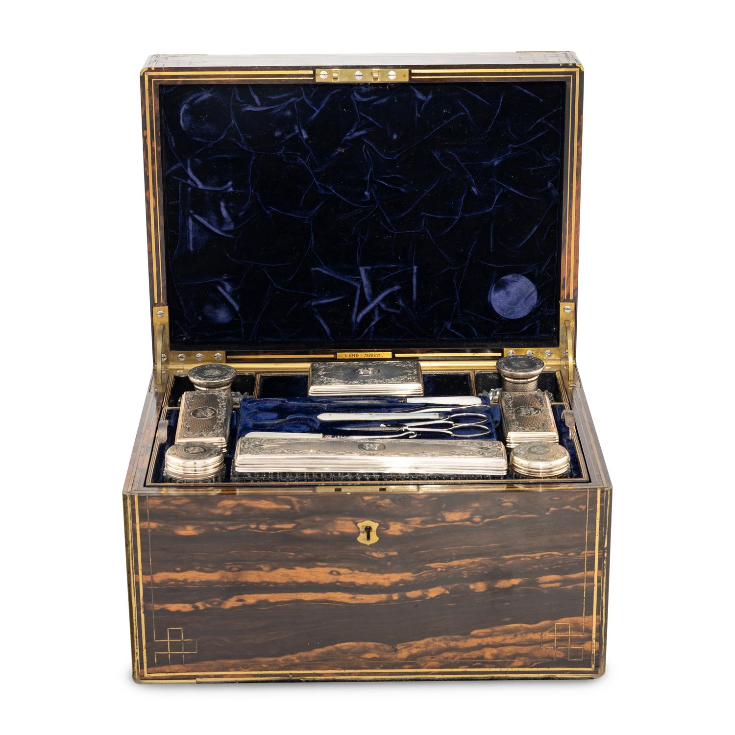 A Victorian Brass-Inlaid Calamander, Silver and Cut-Glass Fitted Dressing Box