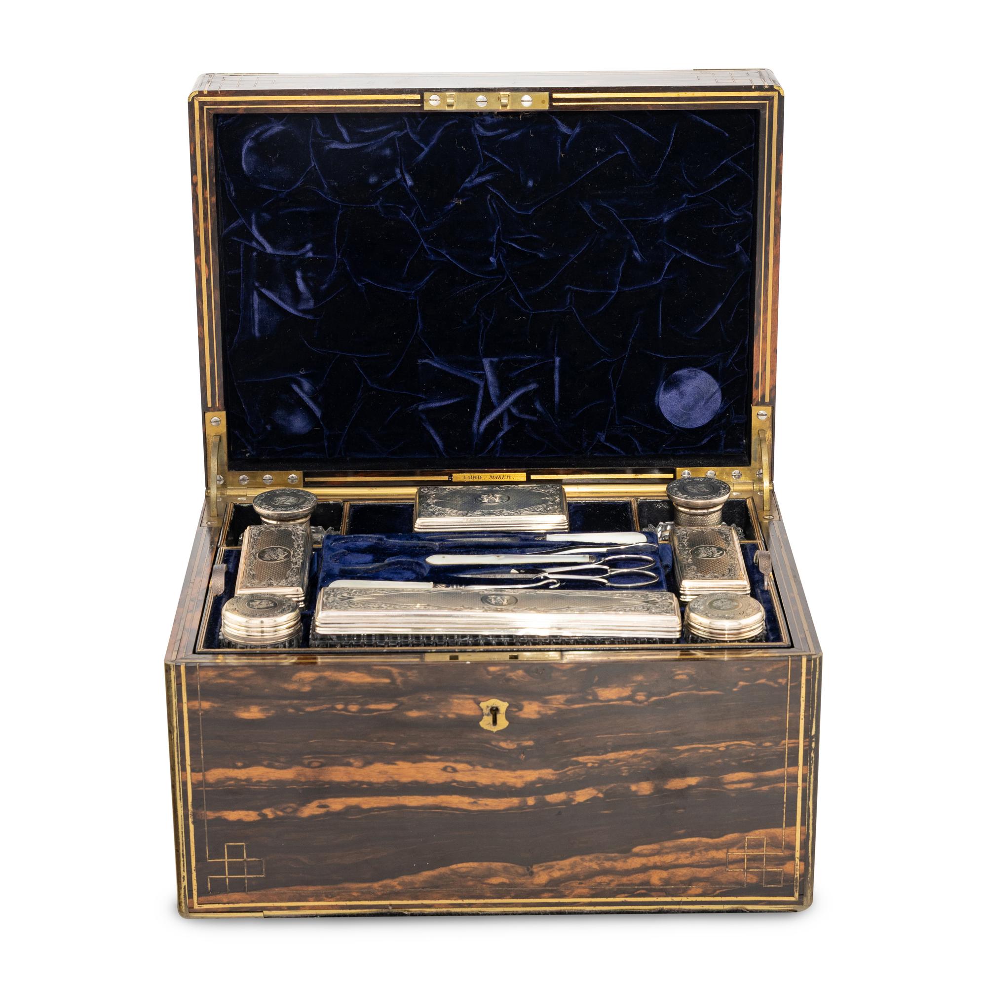A Victorian Brass-Inlaid Calamander, Silver and Cut-Glass Fitted Dressing Box