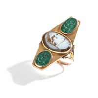 A Roman Banded Agate and Two Green Jasper Ring Stones with Mythological Figures — Set in a gold ring