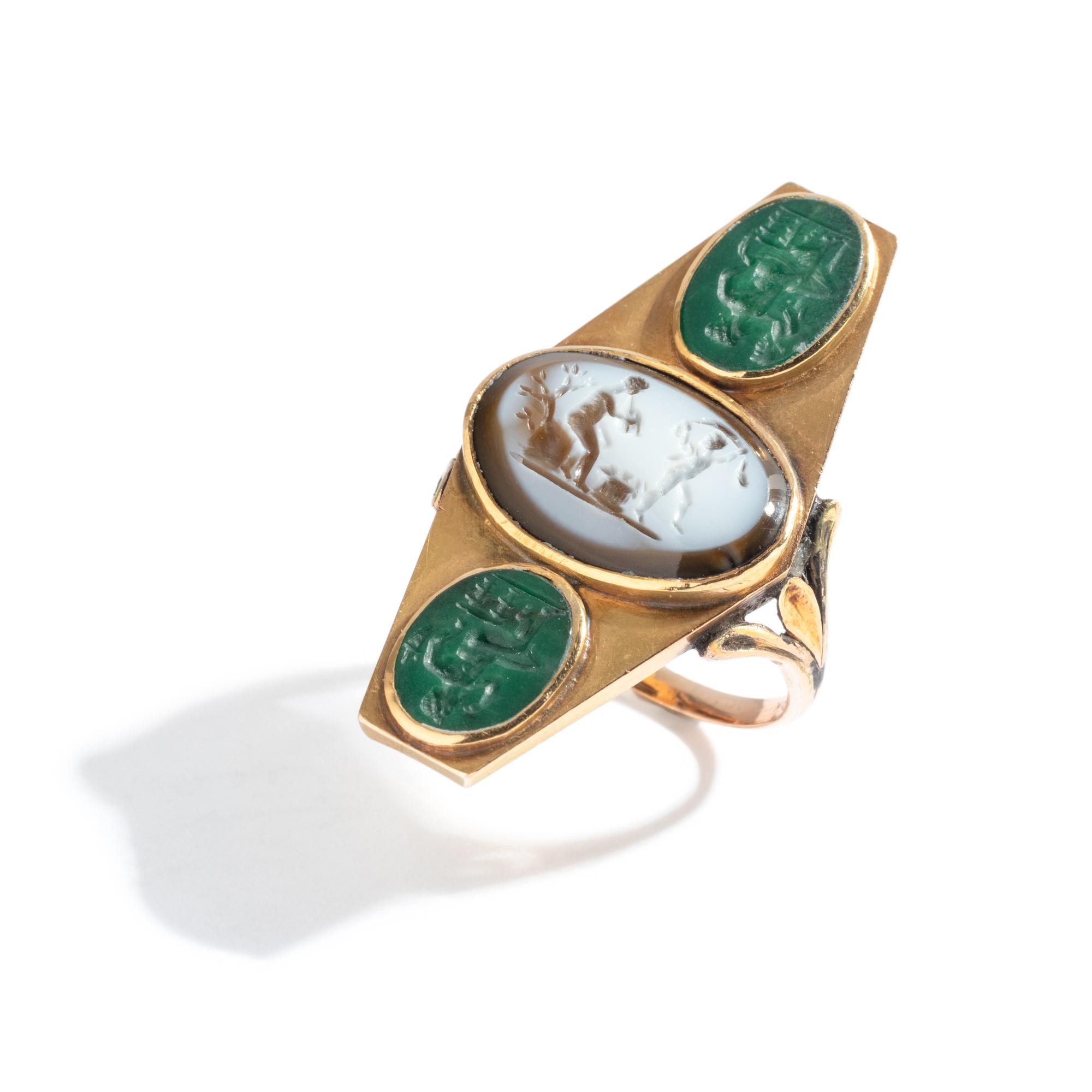 A Roman Banded Agate and Two Green Jasper Ring Stones with Mythological Figures — Set in a gold ring