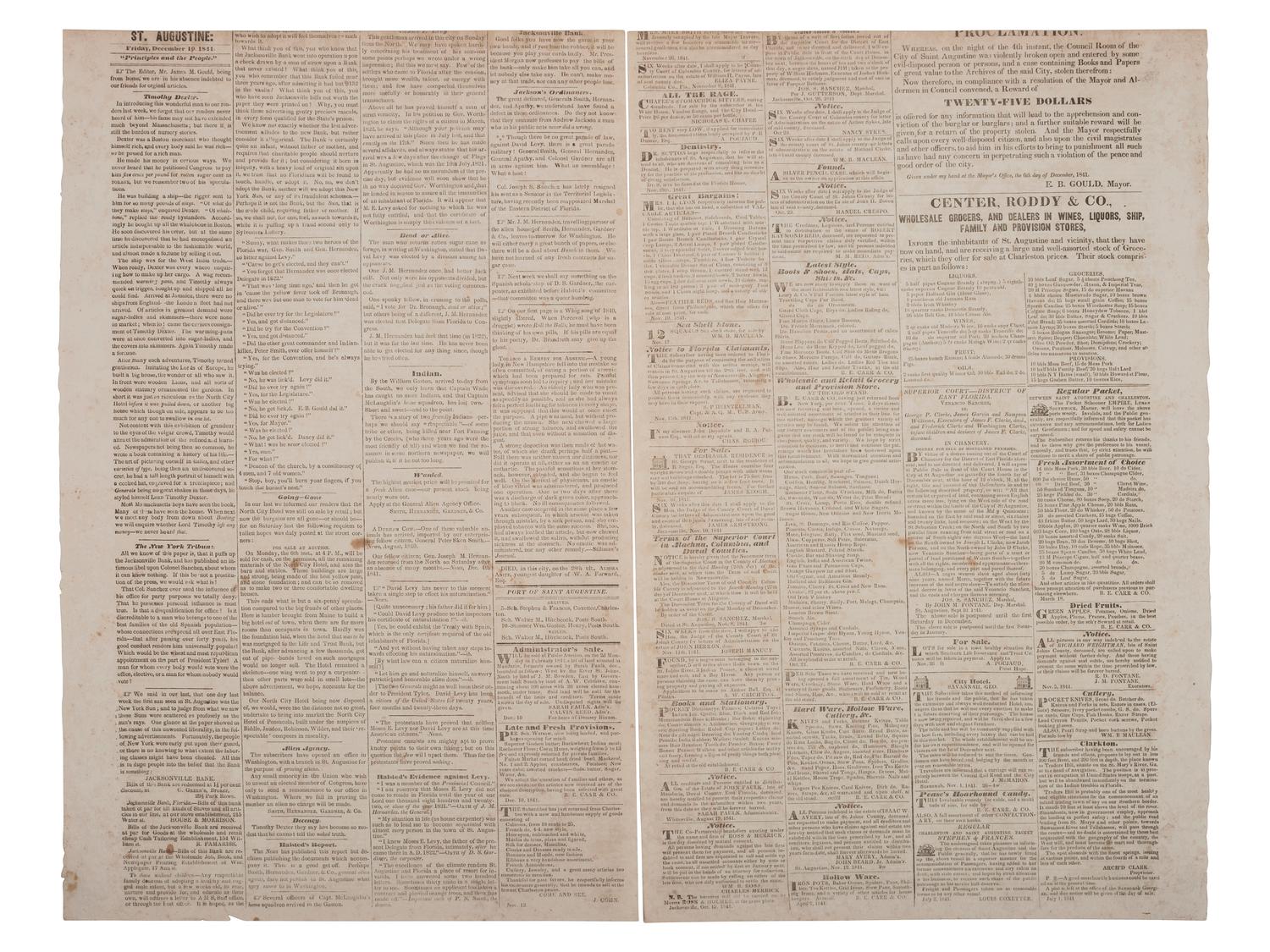 [SECOND SEMINOLE INDIAN WAR]. Florida Herald . Vol. VII, No. 29. St. Augustine, Florida Territory: James M. Gould, 10 December 1841.