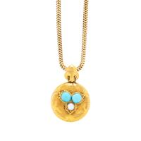 ANTIQUE, YELLOW GOLD, TURQUOISE AND SEED PEARL PENDANT ON CHAIN