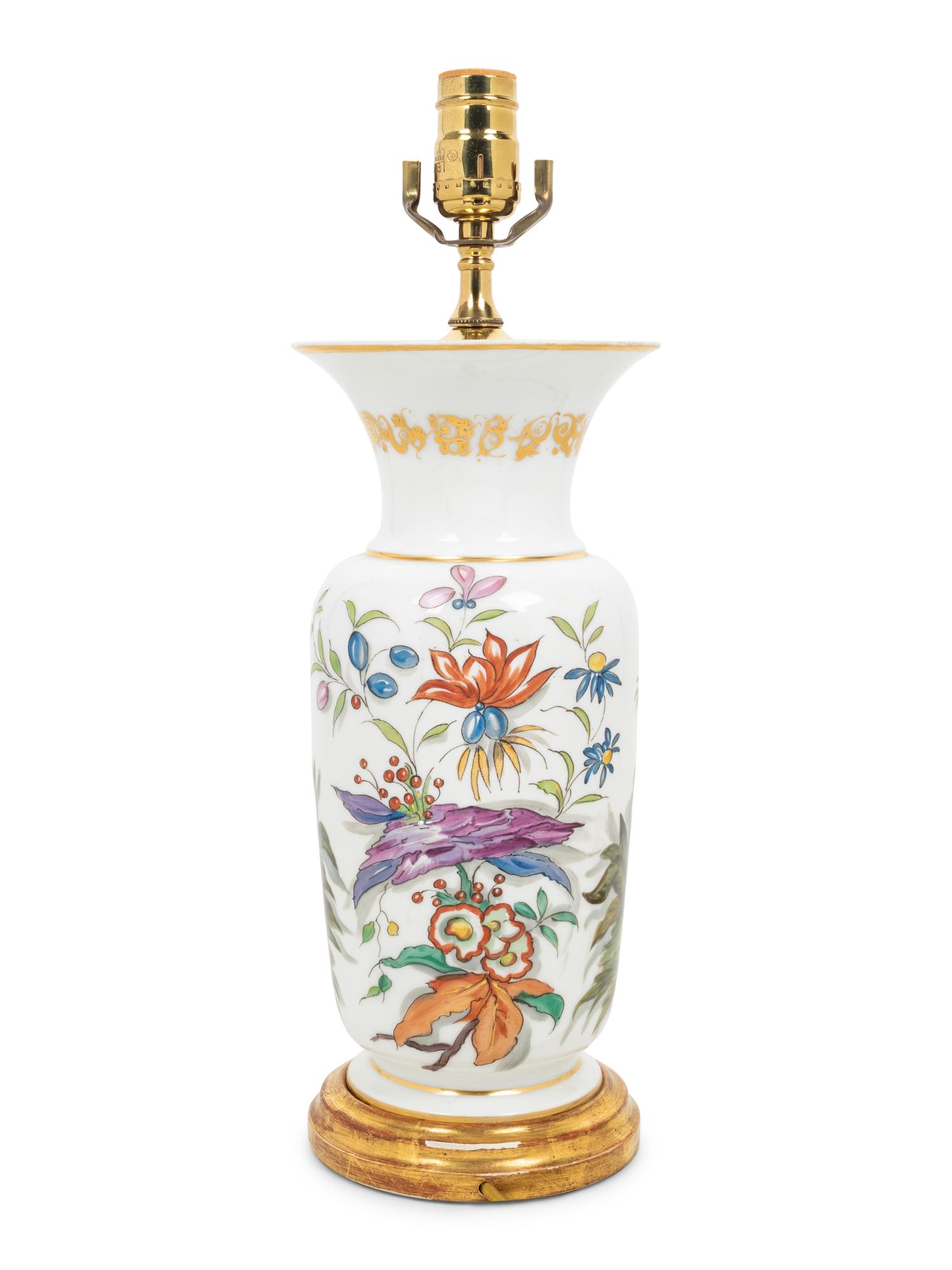 A French Painted Opaque White Glass Vase Mounted as a Lamp with a Fringed Silk Shade