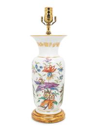 A French Painted Opaque White Glass Vase Mounted as a Lamp with a Fringed Silk Shade
