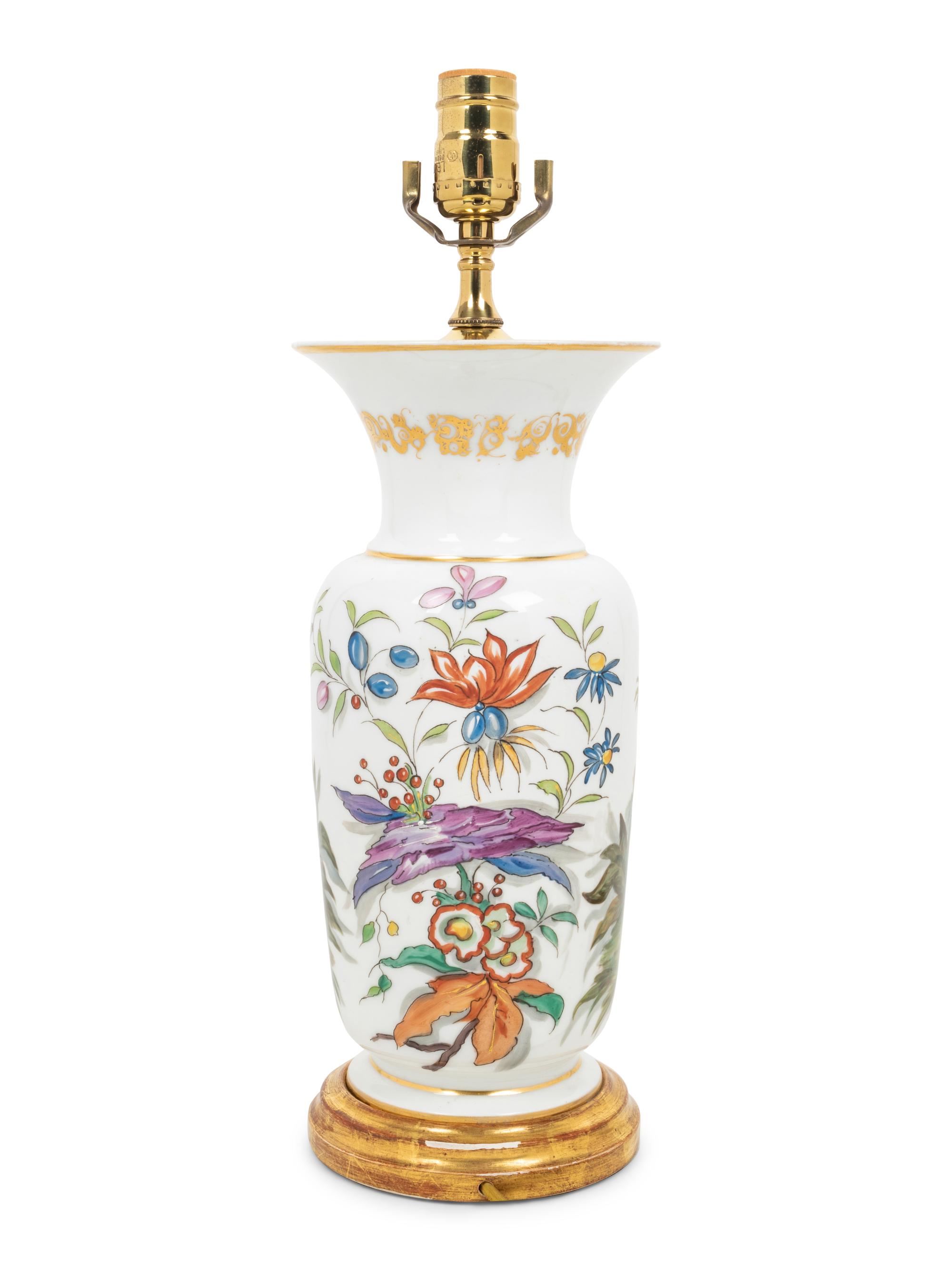A French Painted Opaque White Glass Vase Mounted as a Lamp with a Fringed Silk Shade