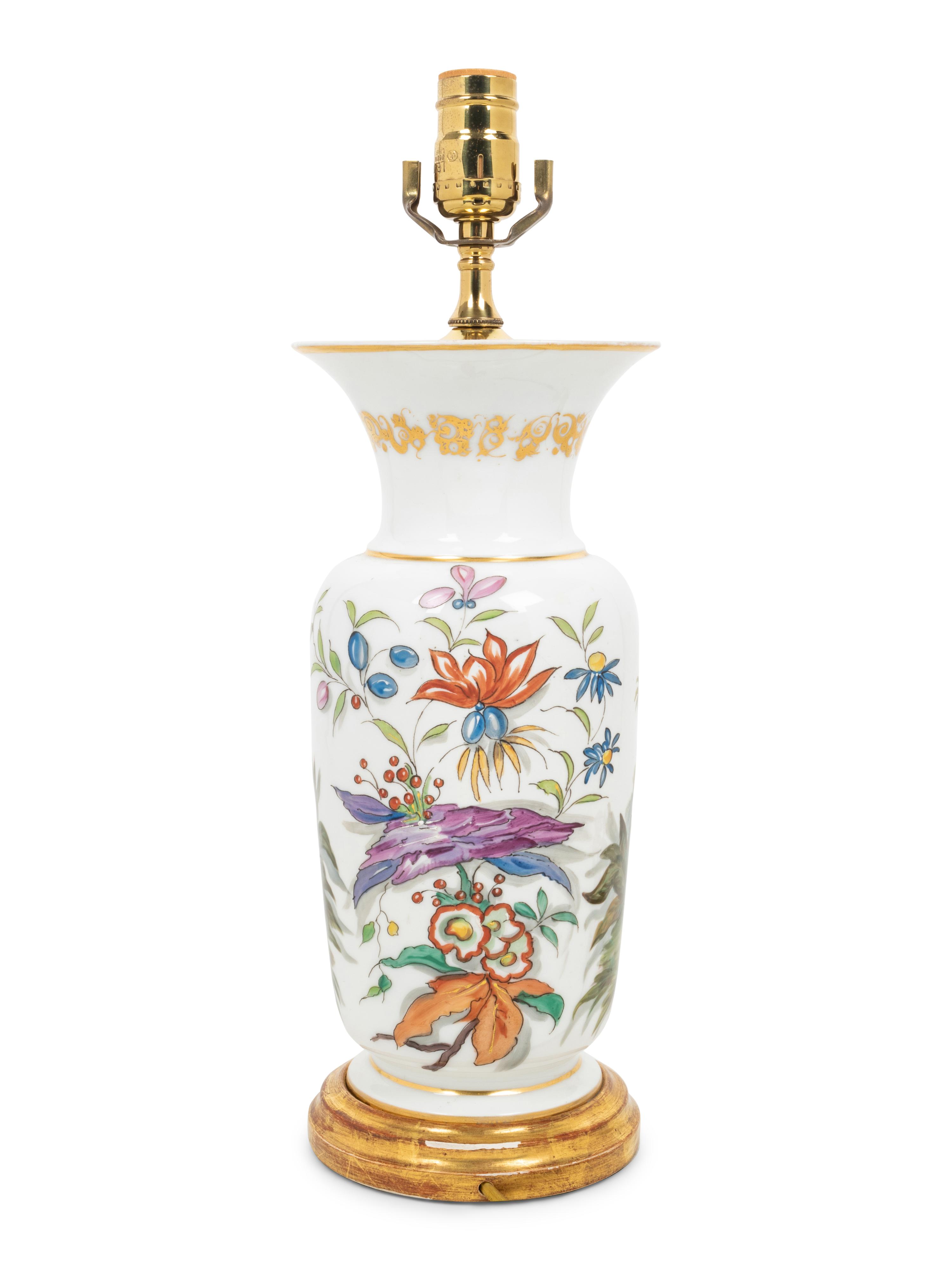 A French Painted Opaque White Glass Vase Mounted as a Lamp with a Fringed Silk Shade