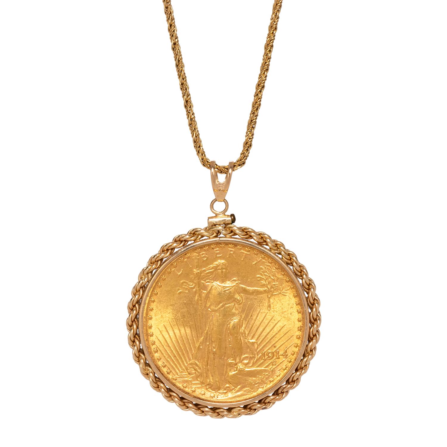 YELLOW GOLD AND US $20 LIBERTY COIN PENDANT/NECKLACE