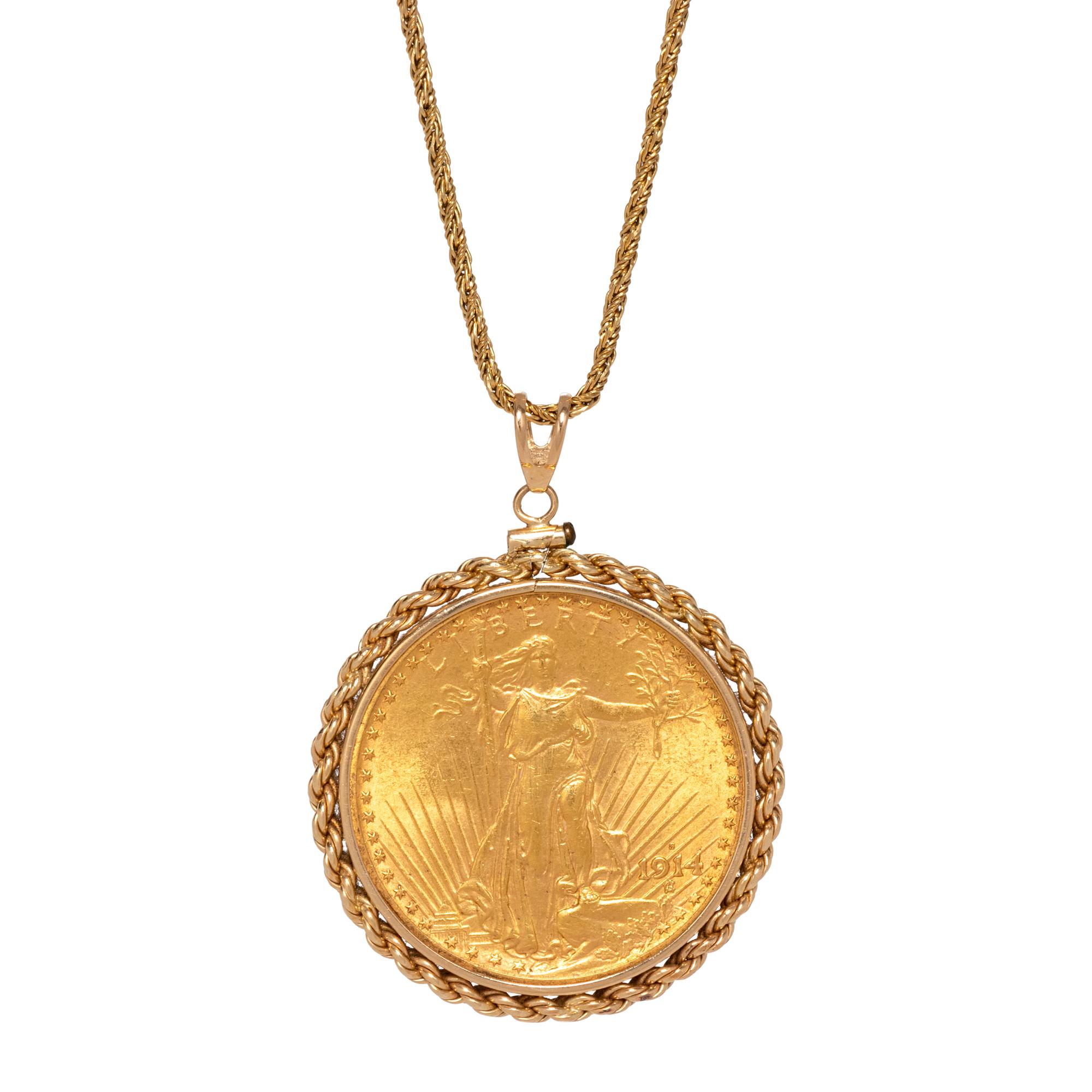 YELLOW GOLD AND US $20 LIBERTY COIN PENDANT/NECKLACE