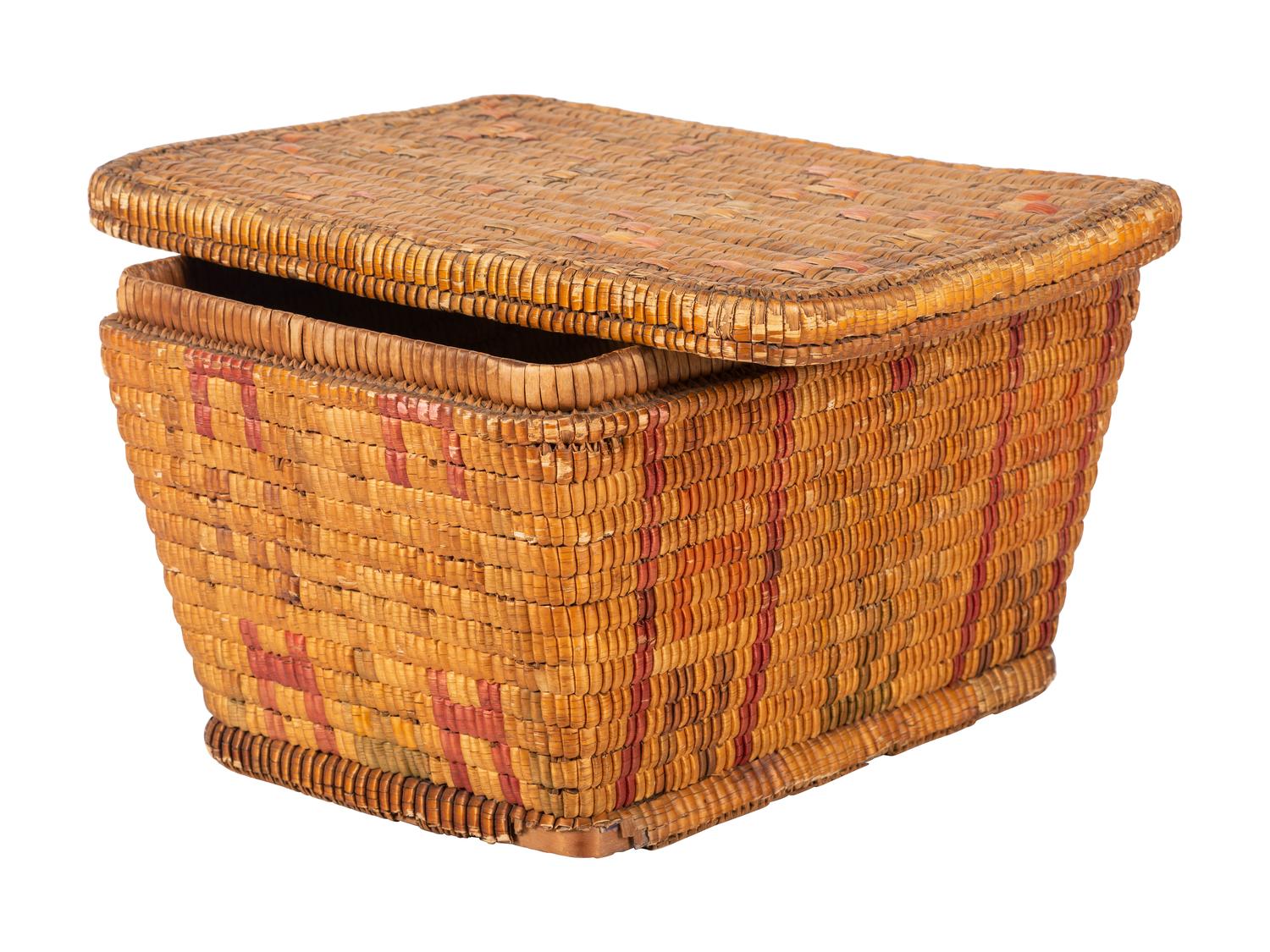 Salish Imbricated Basketry Trunk, With Lid