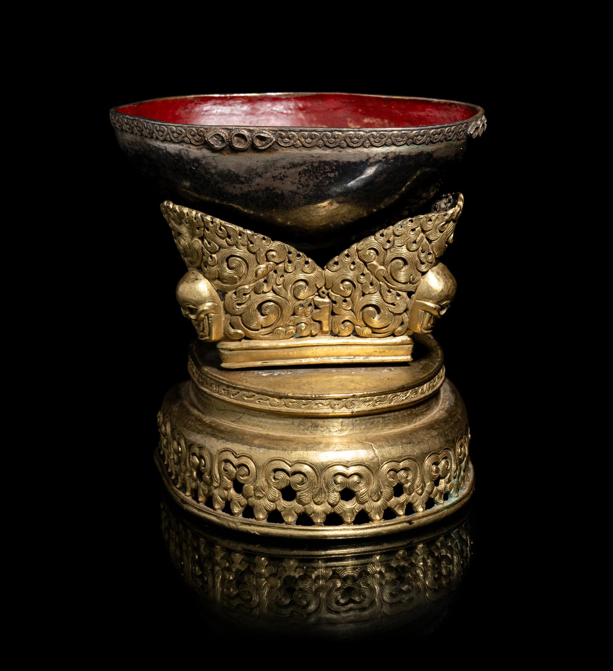 A Tibetan Semi-Precious Stone Inlaid Gilt Bronze and Silver Skull Cup, Kapala