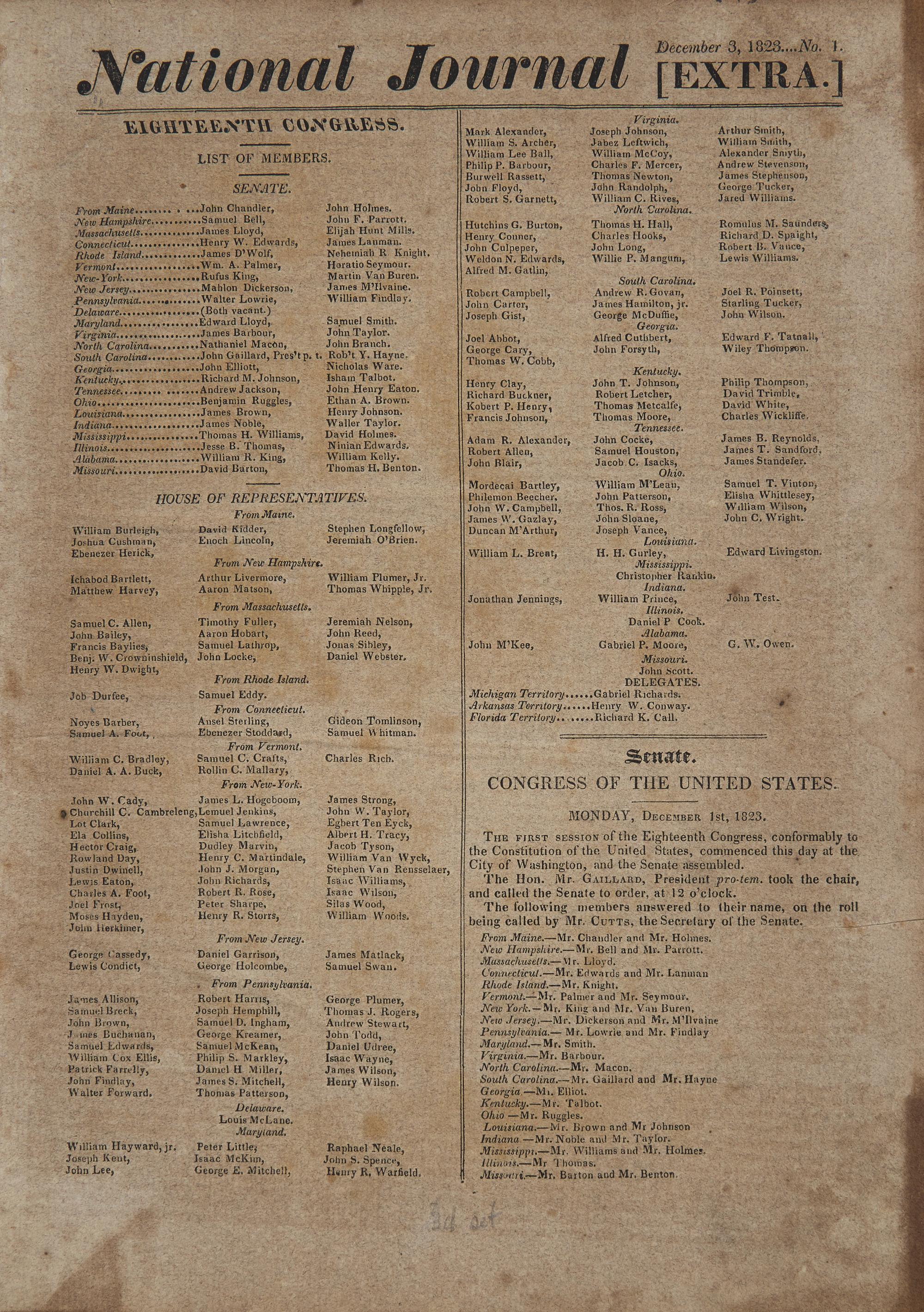 [Monroe Doctrine] One of The Earliest Printings of the Monroe Doctrine