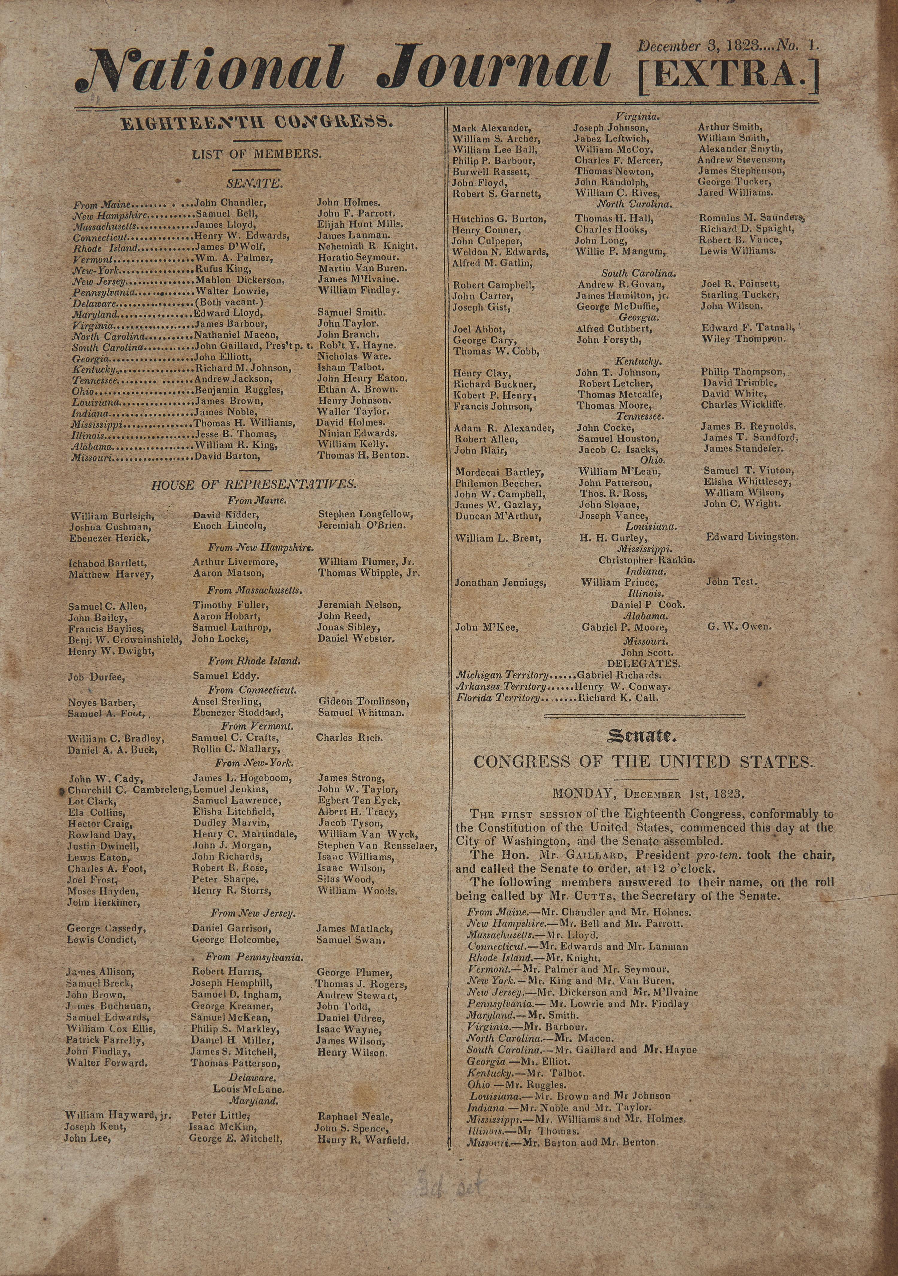 [Monroe Doctrine] One of The Earliest Printings of the Monroe Doctrine