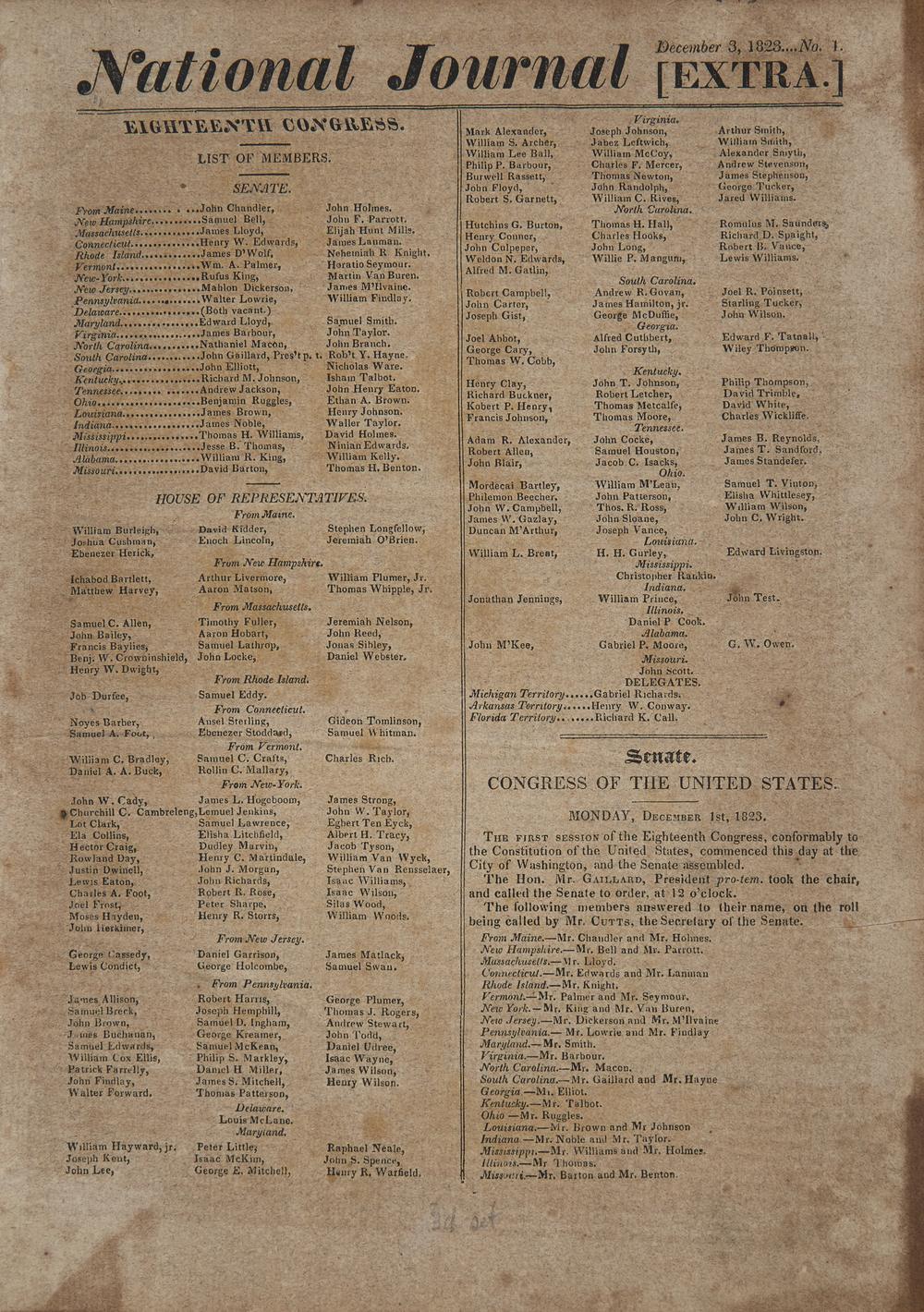 [Monroe Doctrine] One of The Earliest Printings of the Monroe Doctrine