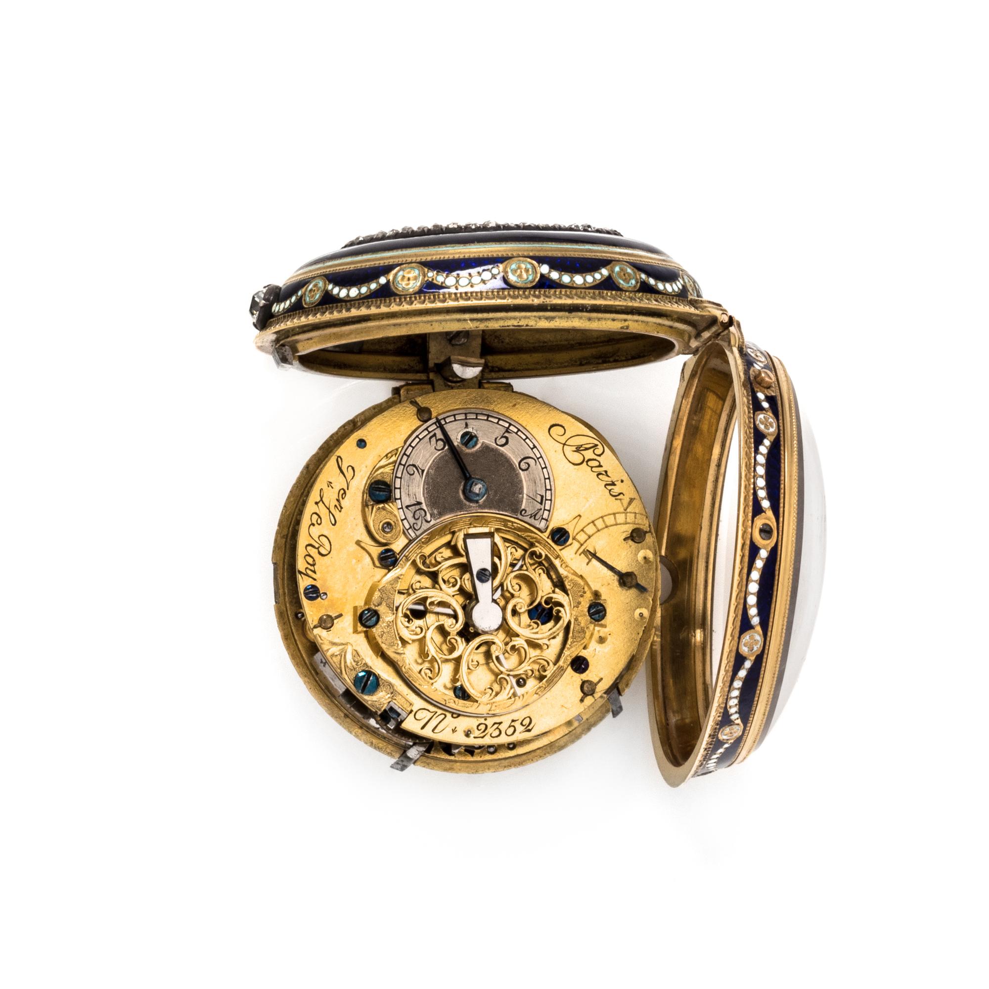 22K YELLOW GOLD, ENAMEL AND DIAMOND QUARTER REPEATER OPEN FACE POCKET WATCH