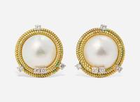 A Pair of 18K Yellow Gold, Pearl, and Diamond Ear Clips