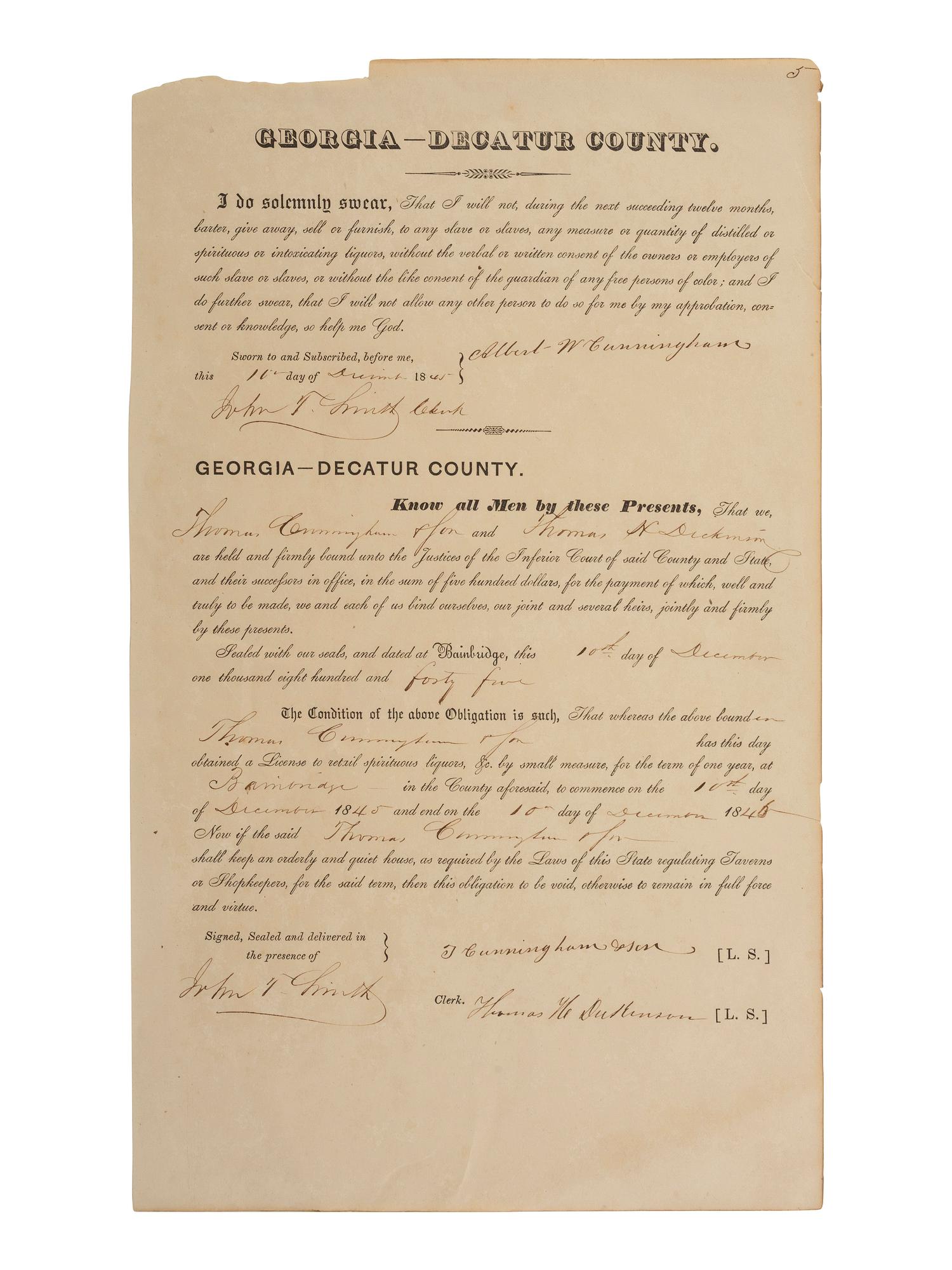 [ENSLAVEMENT & ABOLITION]. A pair of Georgia documents related to the selling of alcohol to African Americans. 1845, 1865.