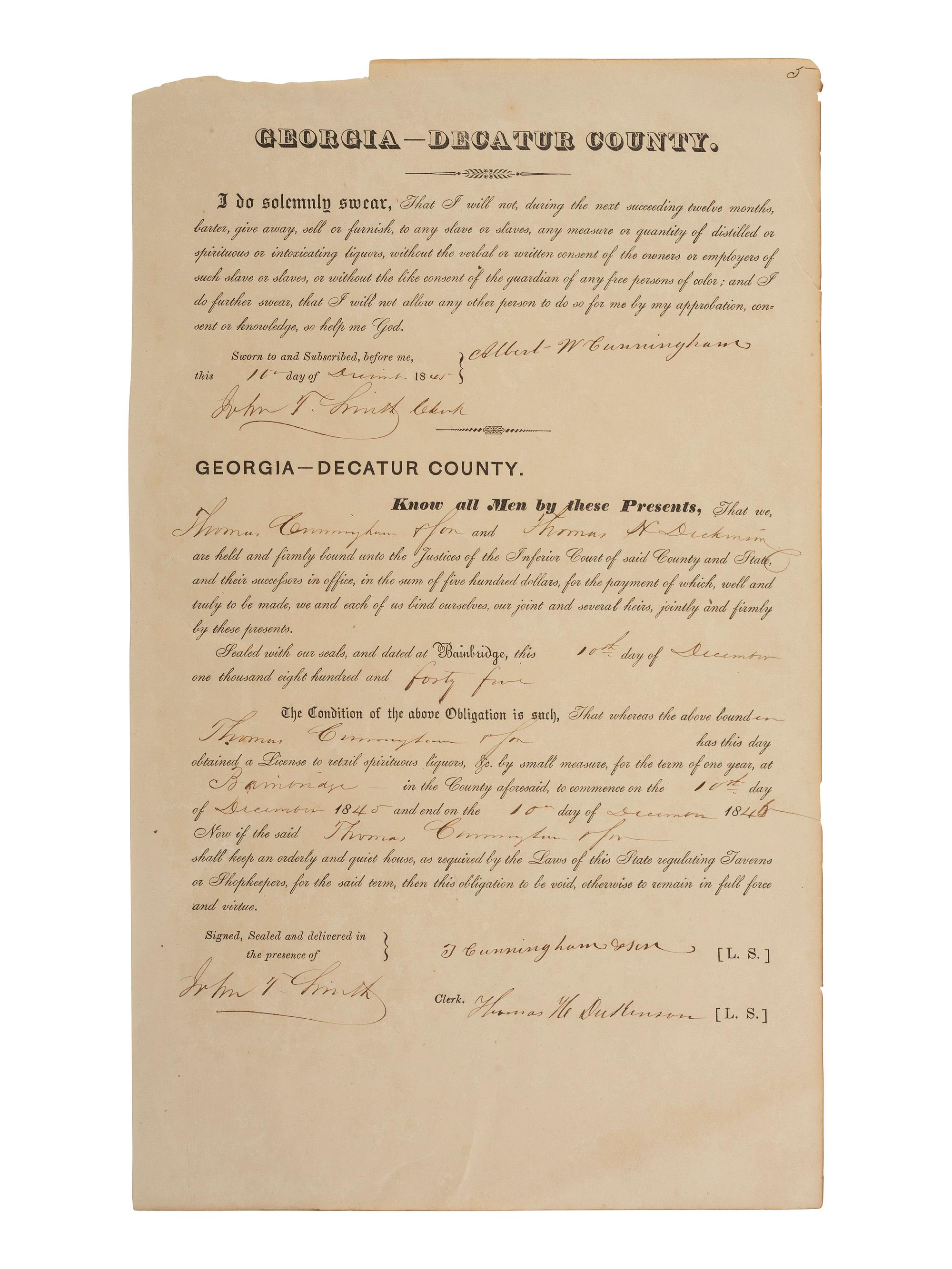 [ENSLAVEMENT & ABOLITION]. A pair of Georgia documents related to the selling of alcohol to African Americans. 1845, 1865.