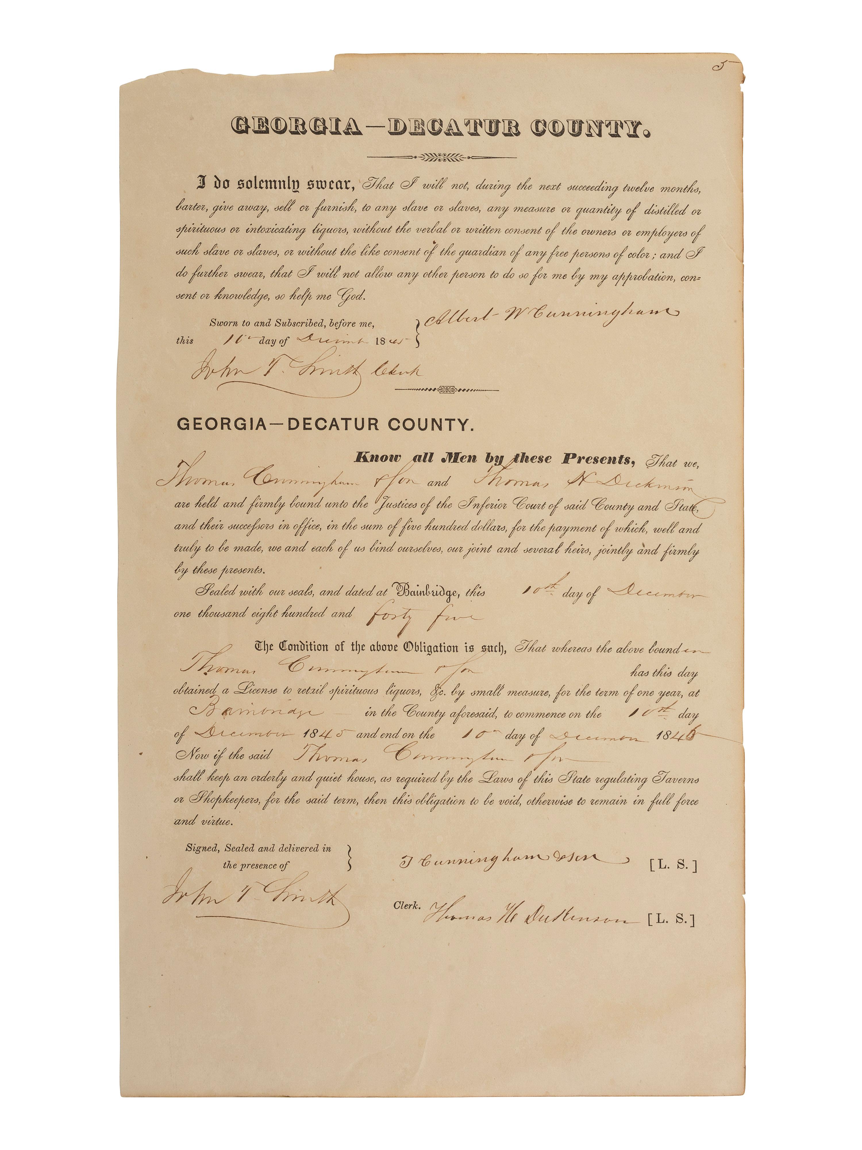 [ENSLAVEMENT & ABOLITION]. A pair of Georgia documents related to the selling of alcohol to African Americans. 1845, 1865.