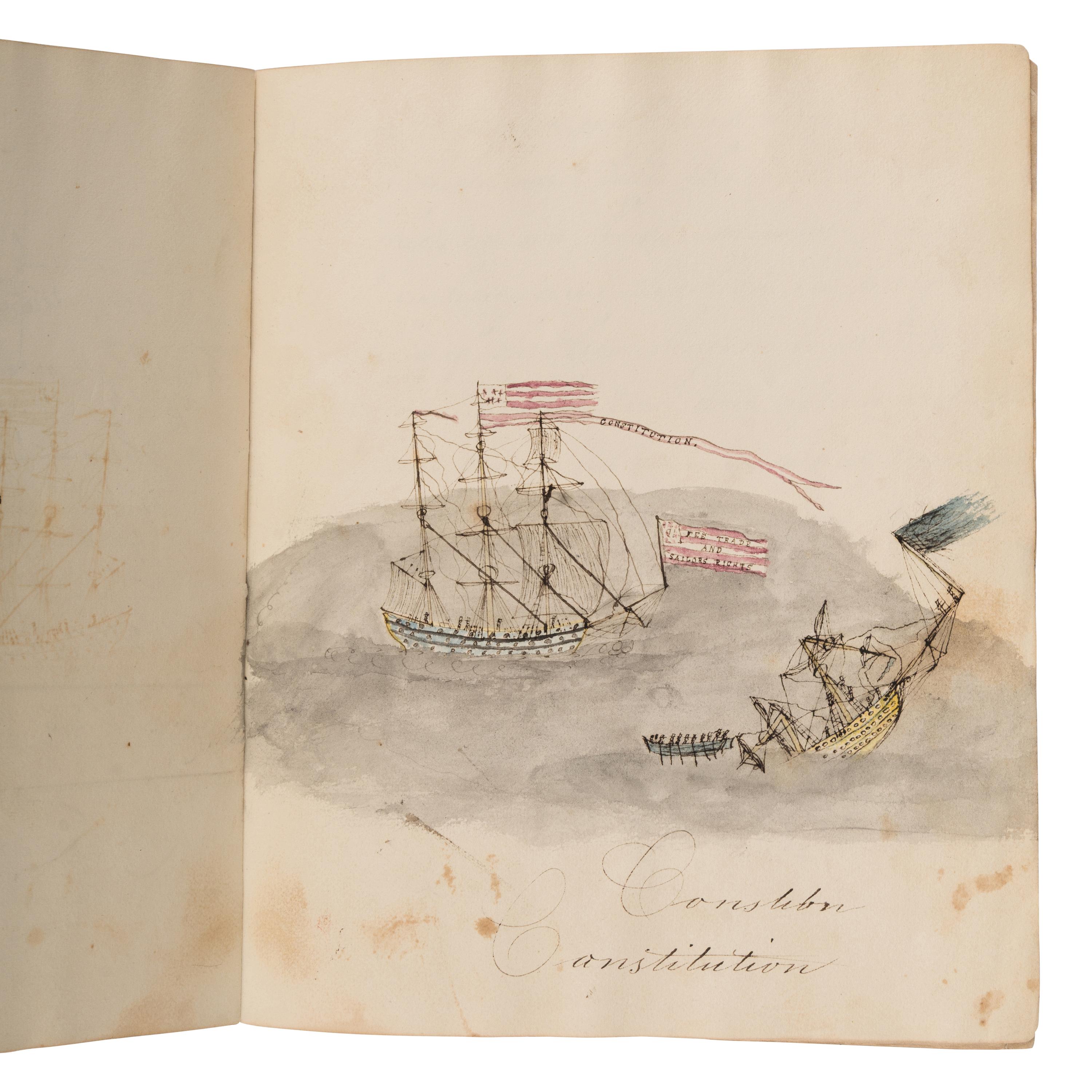 [U.S. Navy]. Arnold, Nathan. Manuscript naval examination book, illustrated with drawings of ships, including the USS Constitution , and voyage charts. N.p., 21 July 1826.