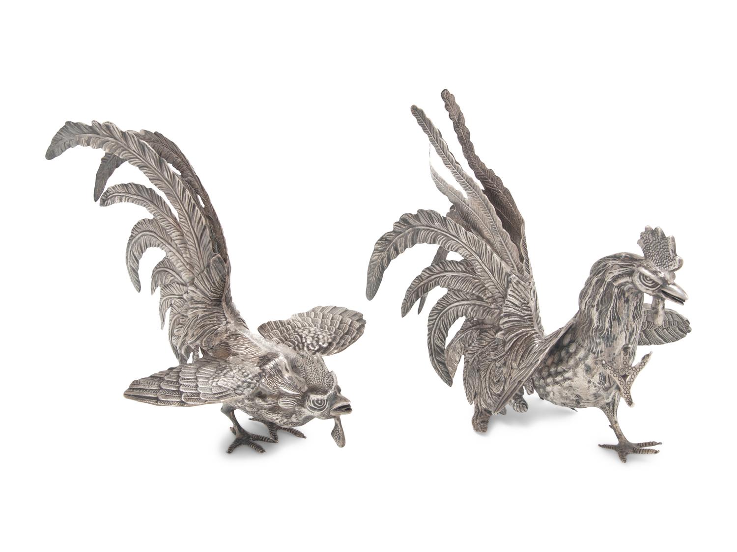 A Pair of German Silver Figures of Fighting Cockerels