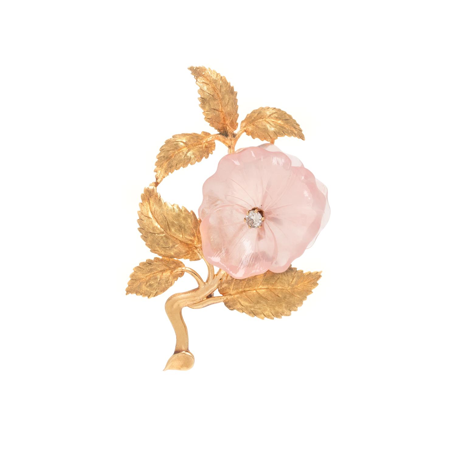 YELLOW GOLD, ROSE QUARTZ, AND DIAMOND FLOWER BROOCH/PENDANT