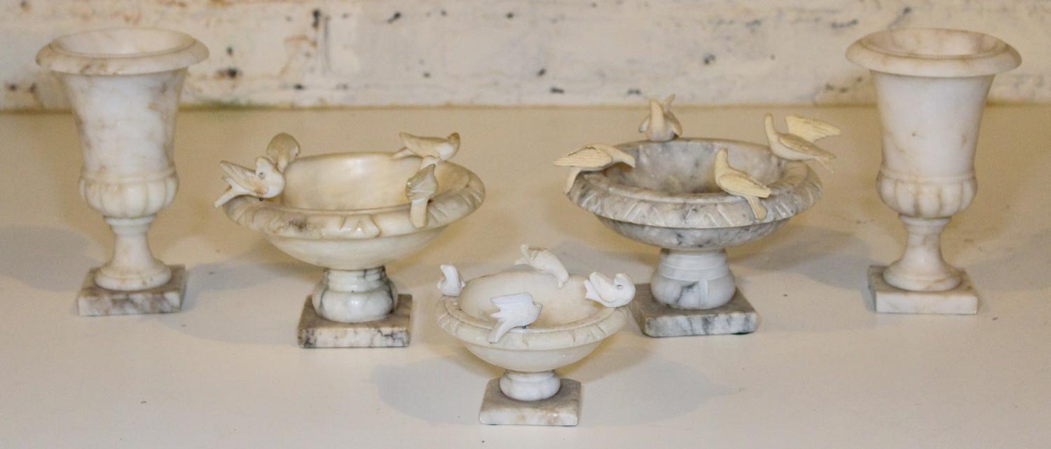 Five Alabaster Table Articles Height of urns 7 1/2 inches.