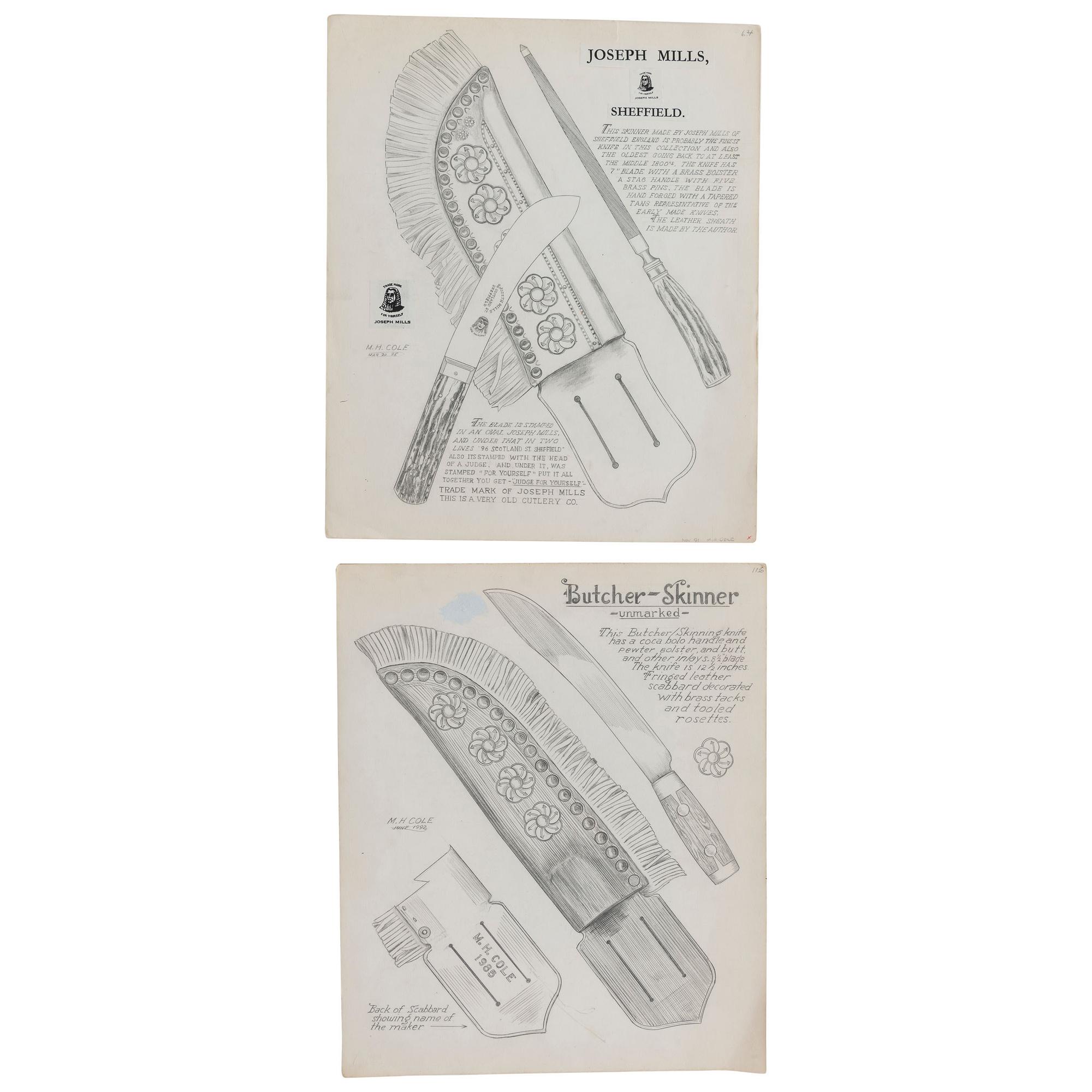 Rare MH Cole Skinning Knife Book Archive with Two Knives, MH Cole Scabbards and Original Publication Illustrations and More