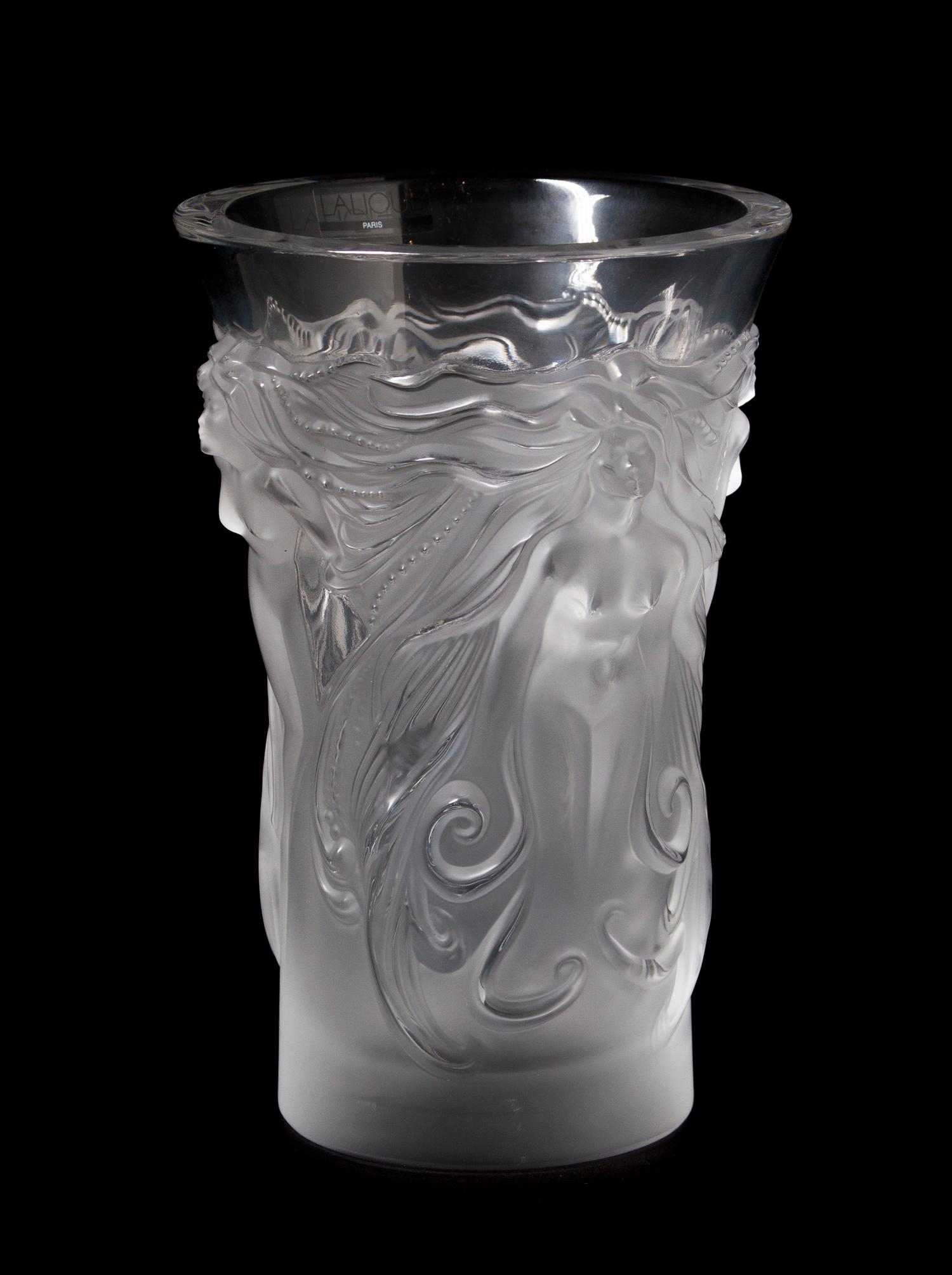A Lalique Molded and Frosted Glass Vase, Height 7 7/8 inches.