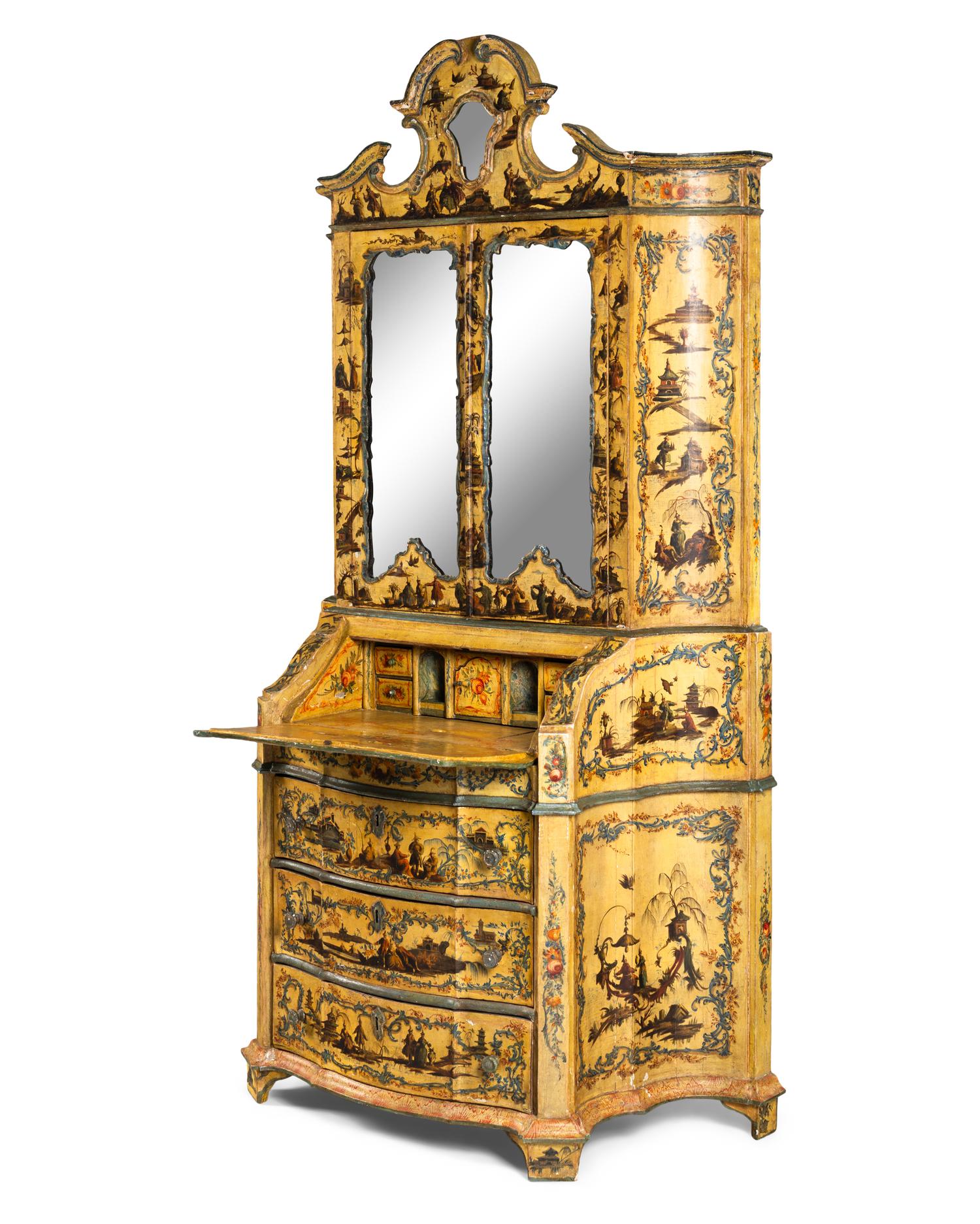 An Italian Baroque Style Cream and Polychrome Painted Bureau Cabinet