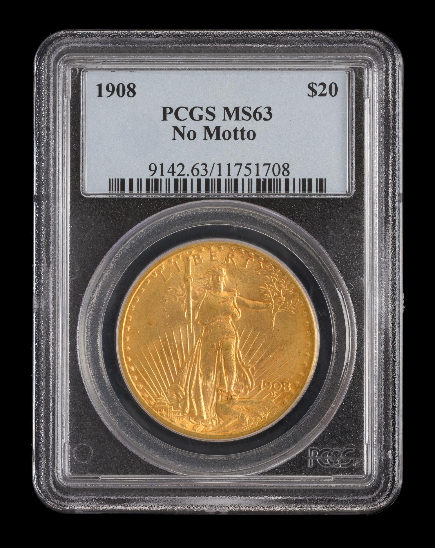 A United States 1908 Saint-Gaudens: No Motto $20 Gold Coin