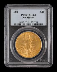 A United States 1908 Saint-Gaudens: No Motto $20 Gold Coin