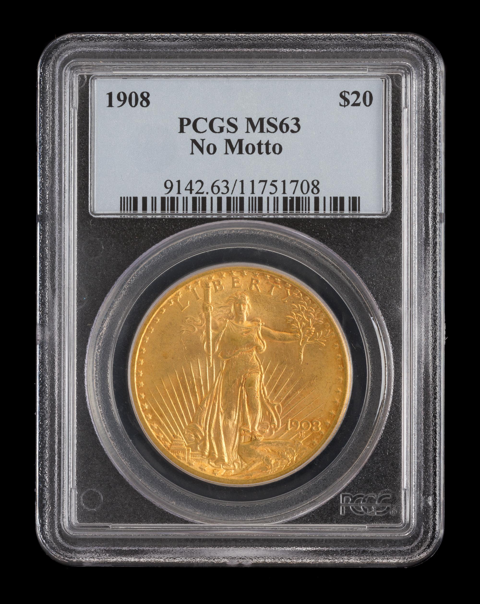 A United States 1908 Saint-Gaudens: No Motto $20 Gold Coin