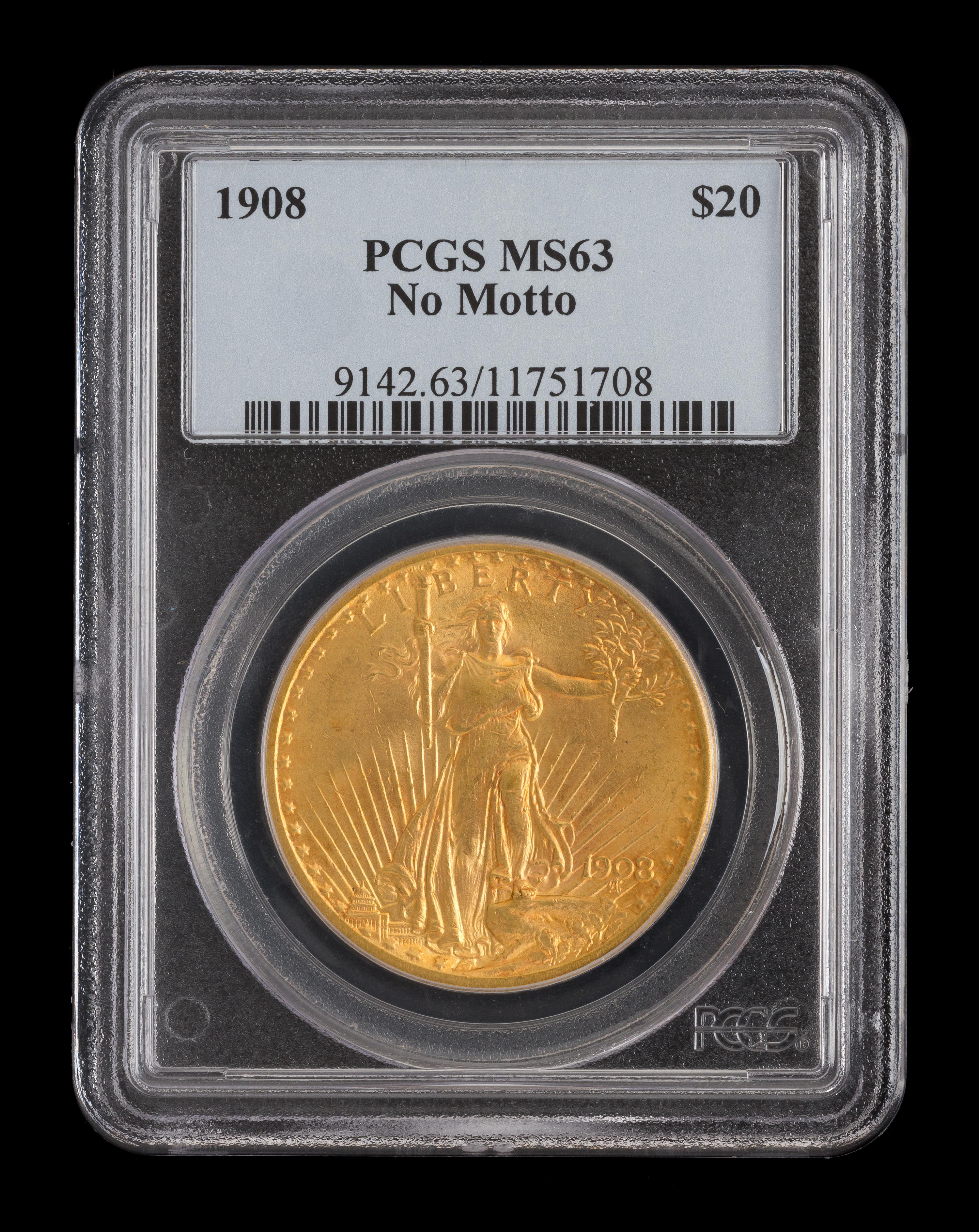 A United States 1908 Saint-Gaudens: No Motto $20 Gold Coin