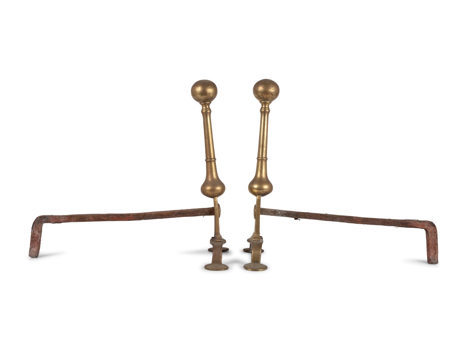 A Pair of Queen Anne Brass and Wrought-Iron Wafer Foot Andirons
