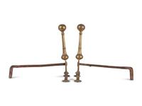 A Pair of Queen Anne Brass and Wrought-Iron Wafer Foot Andirons
