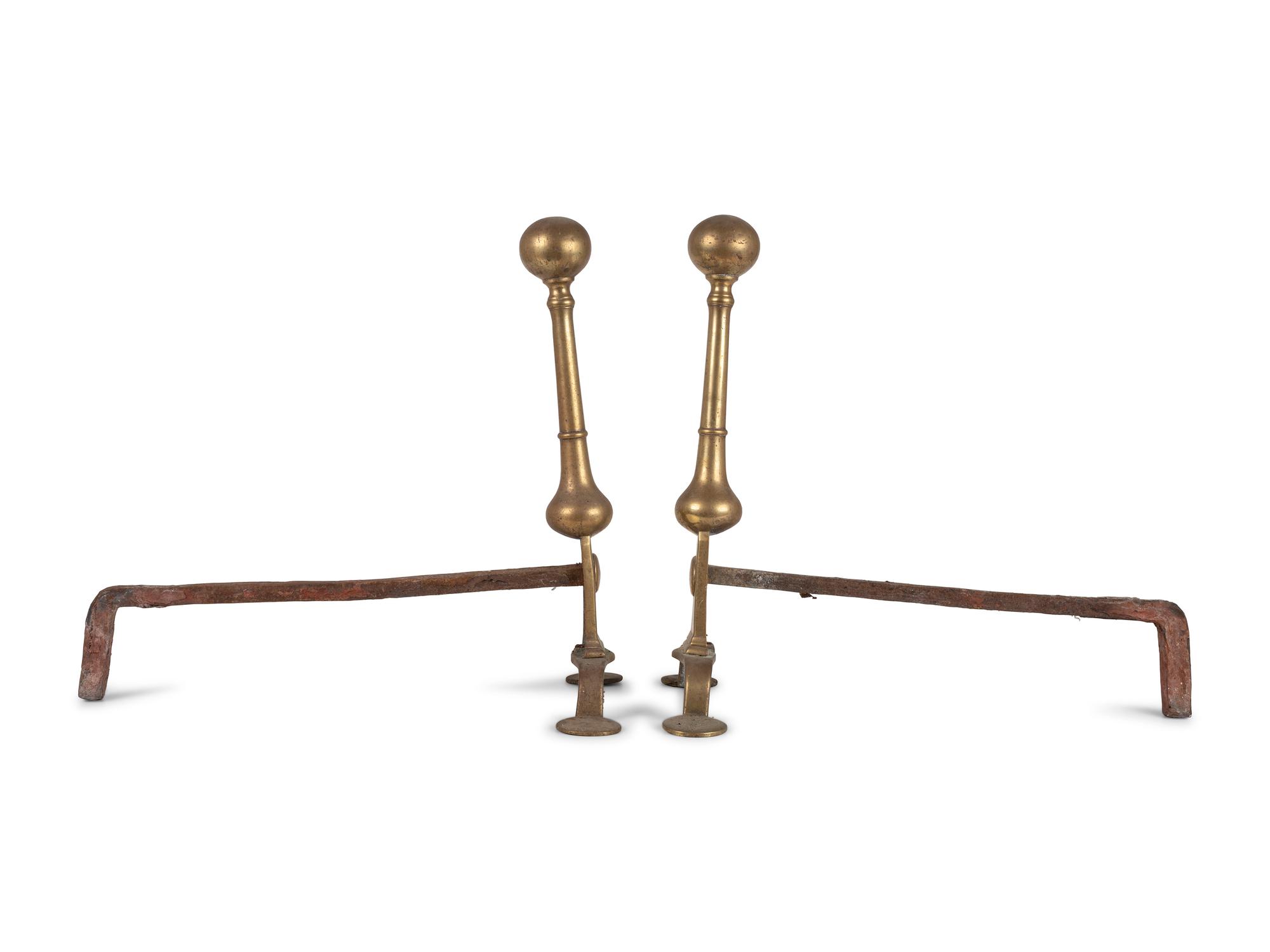 A Pair of Queen Anne Brass and Wrought-Iron Wafer Foot Andirons