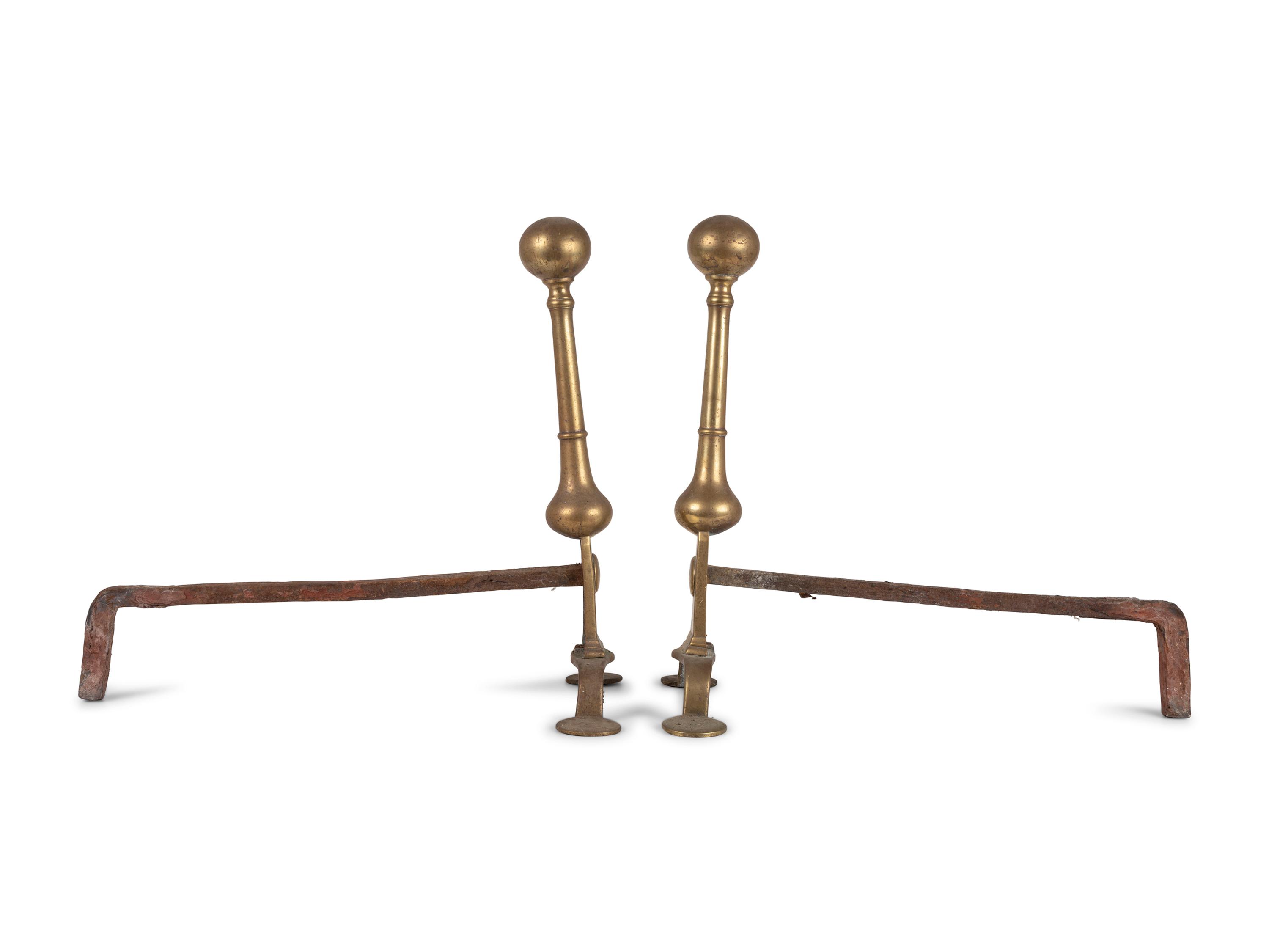 A Pair of Queen Anne Brass and Wrought-Iron Wafer Foot Andirons