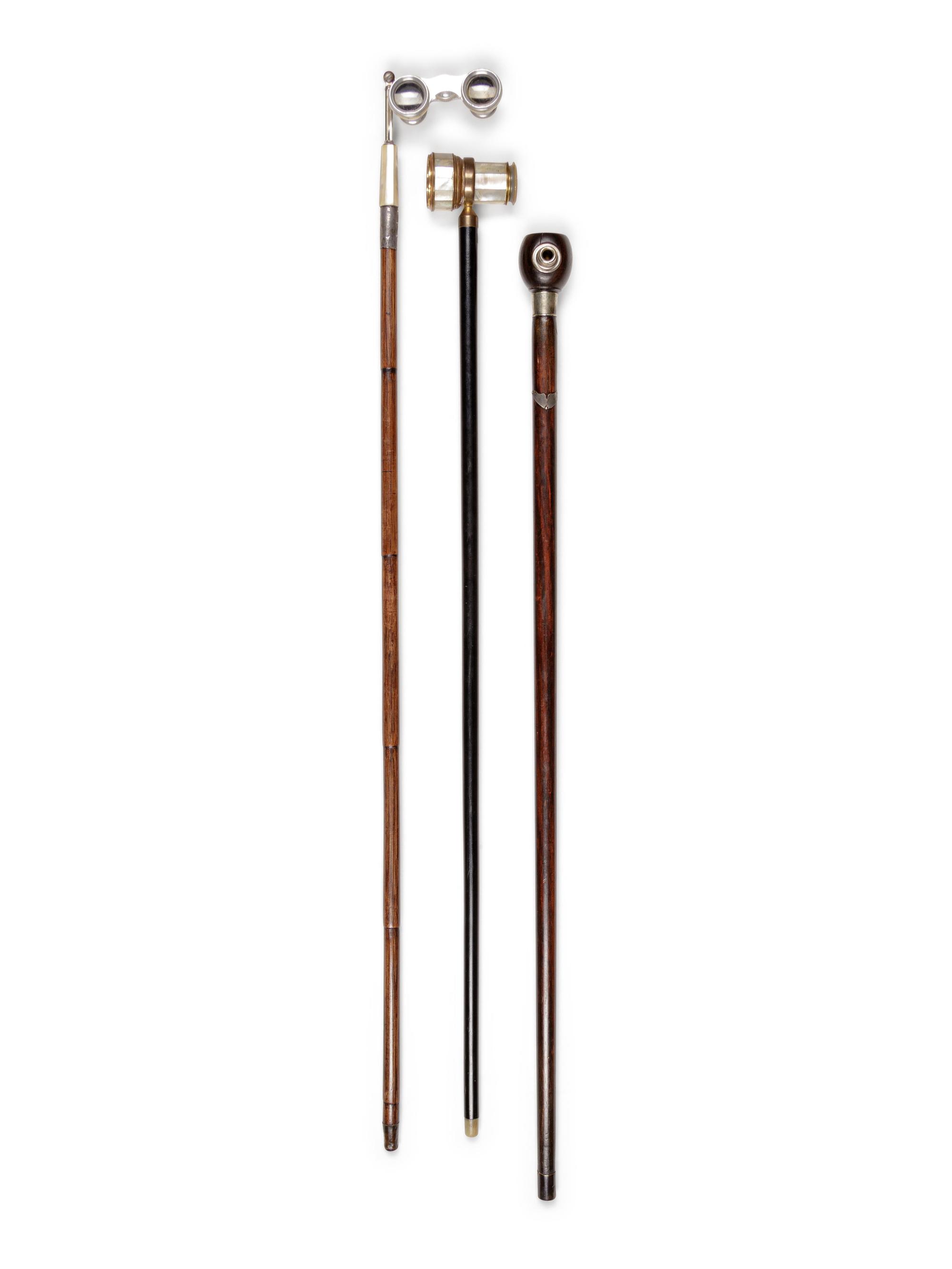 Two Mother-of-Pearl and Brass Mounted Opera Glass Mounted Walking Sticks